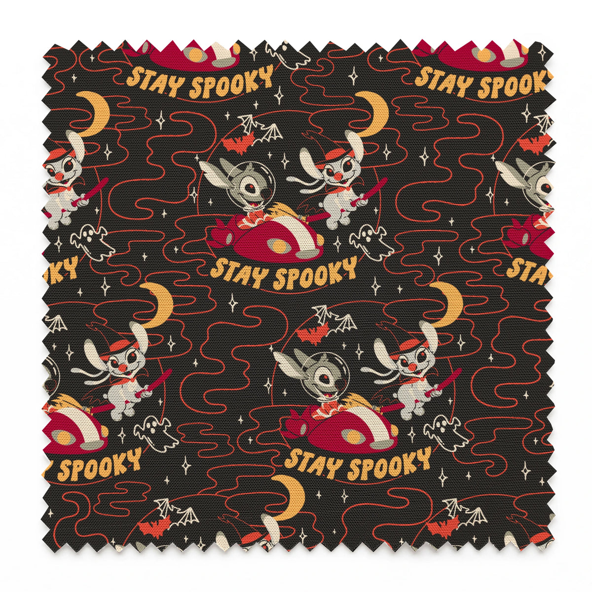 Repeating Halloween pattern with Stitch, "STAY SPOOKY" text, crescent moons, and swirling red lines on dark background. springs swatch pinked