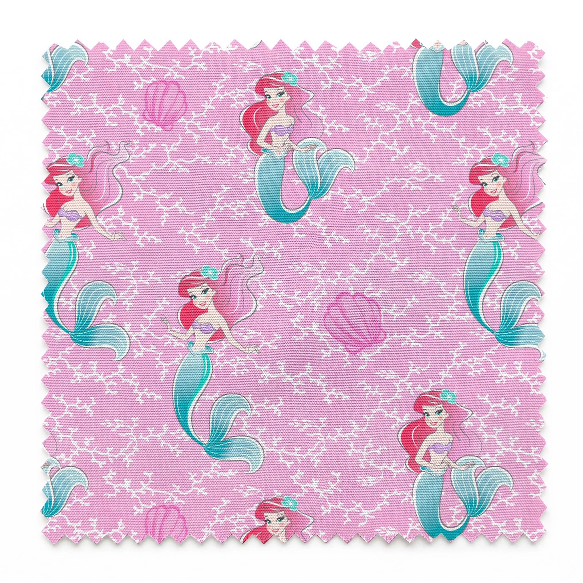 The Little Mermaid pattern with Ariel and purple seashells on pink background with white bubbles springs swatch pinked