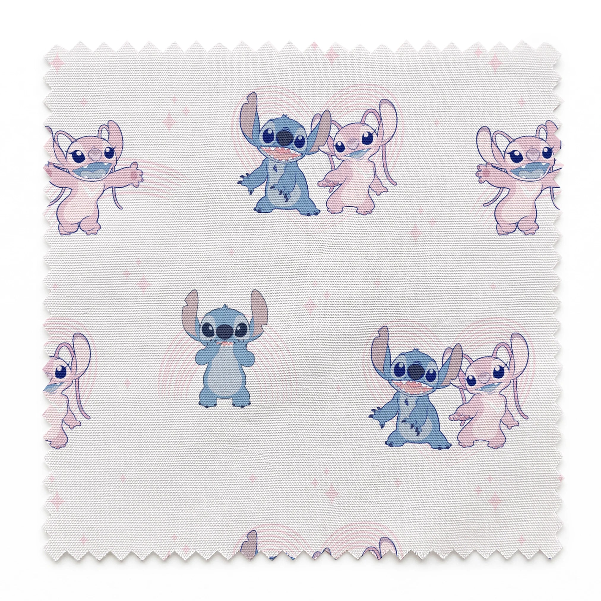 Cartoon pattern of blue and pink Stitch characters from Lilo & Stitch with playful poses on pale background springs swatch pinked