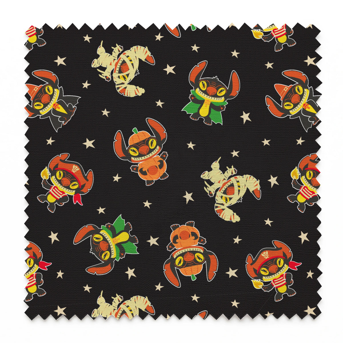 Pattern of Stitch in vibrant colors on black background with stars springs swatch pinked