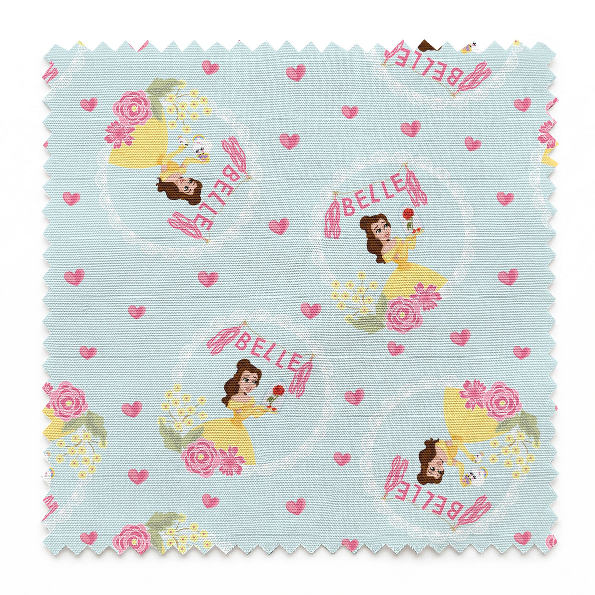 Princess Belle pattern with yellow dress, "Belle" text, hearts, and flowers on light blue background springs swatch pinked