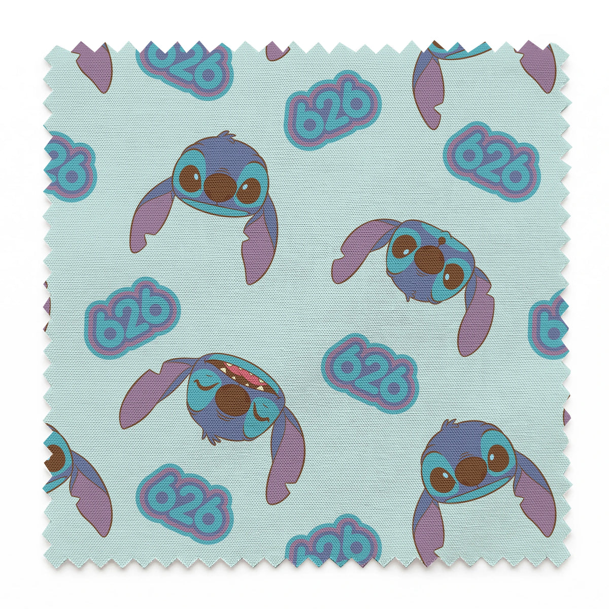 Blue cartoon creatures with large ears and swirl patterns on light teal background springs swatch pinked
