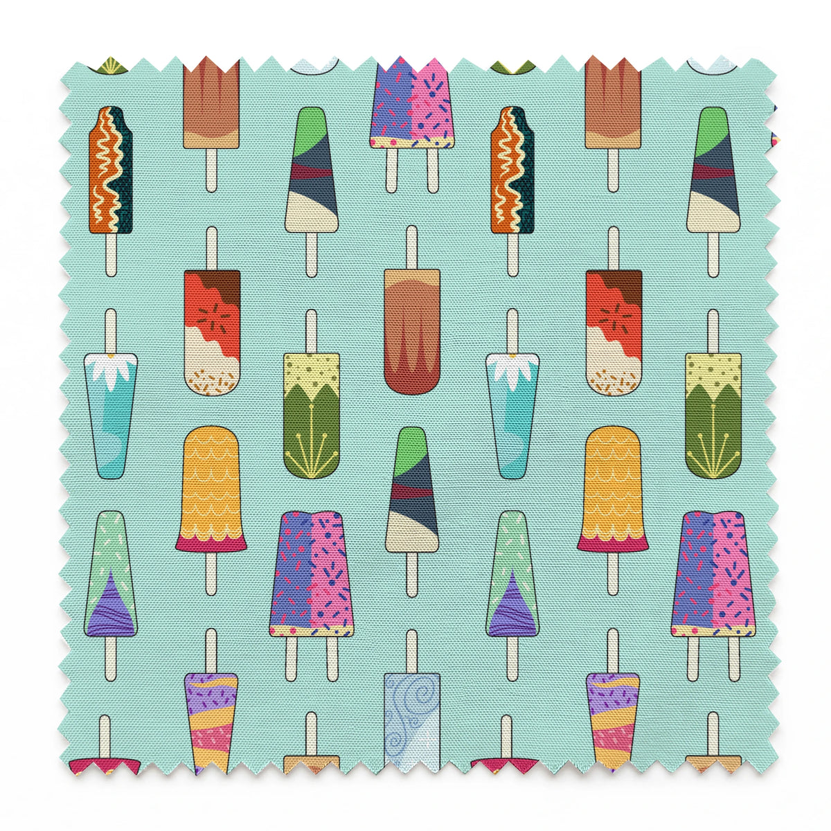 Disney Princess popsicle pattern on light teal background with various ice cream designs and styles springs swatch pinked