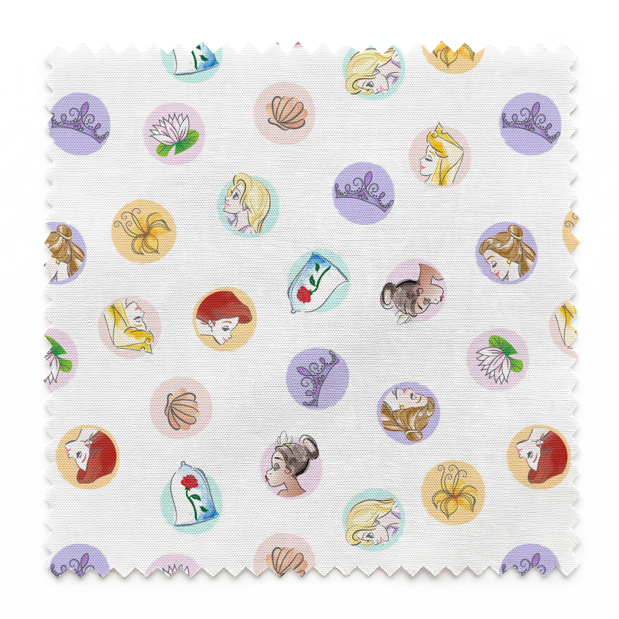 Colorful circular illustrations featuring Disney Princesses and symbols on white background springs swatch pinked