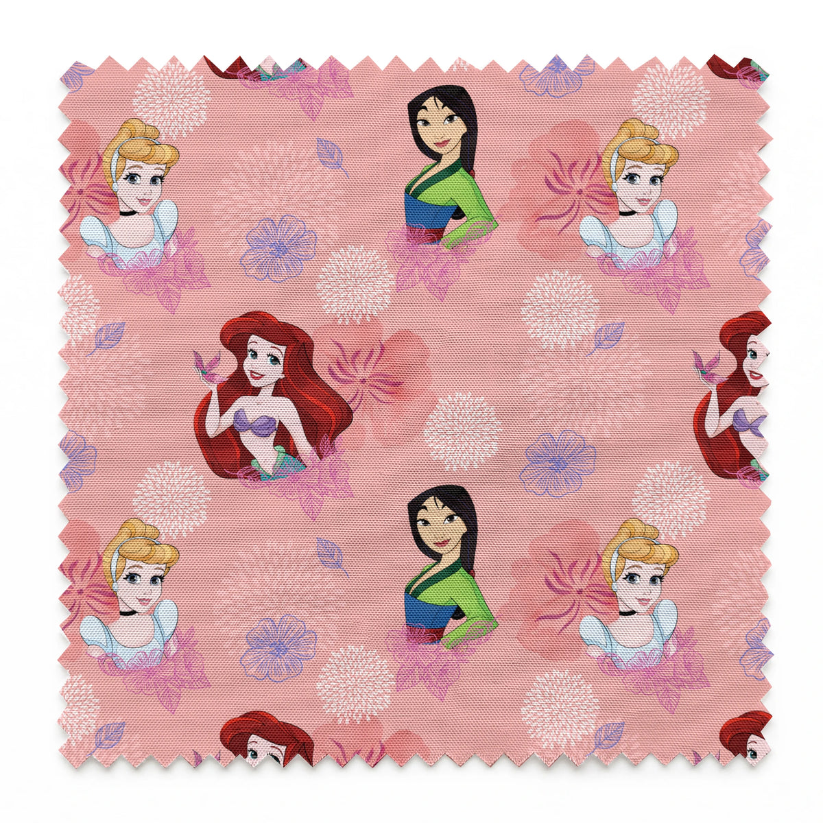 Disney princess characters on pink floral background with delicate flower patterns springs swatch pinked