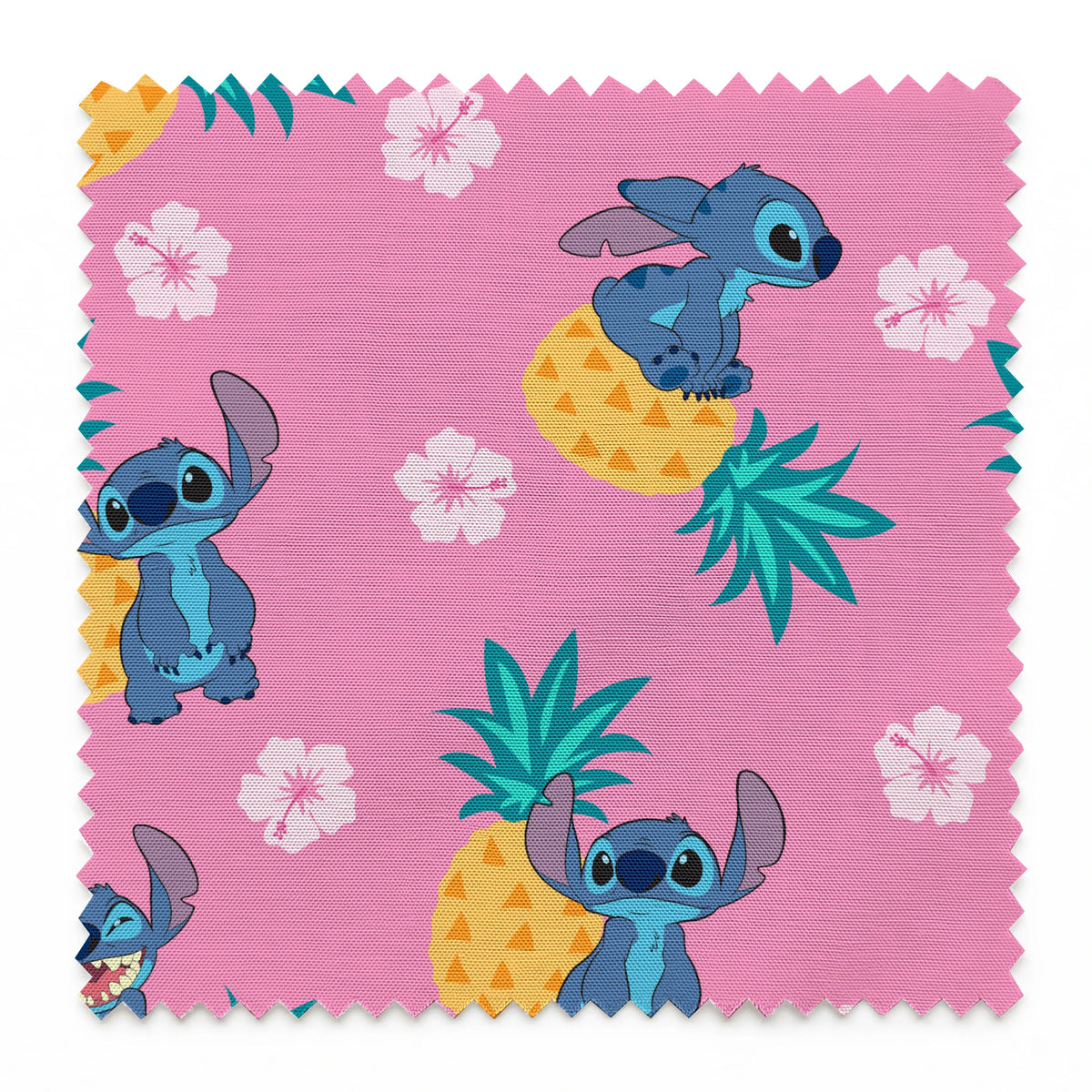 Stitch characters with pineapples and white hibiscus flowers on pink background pattern springs swatch pinked