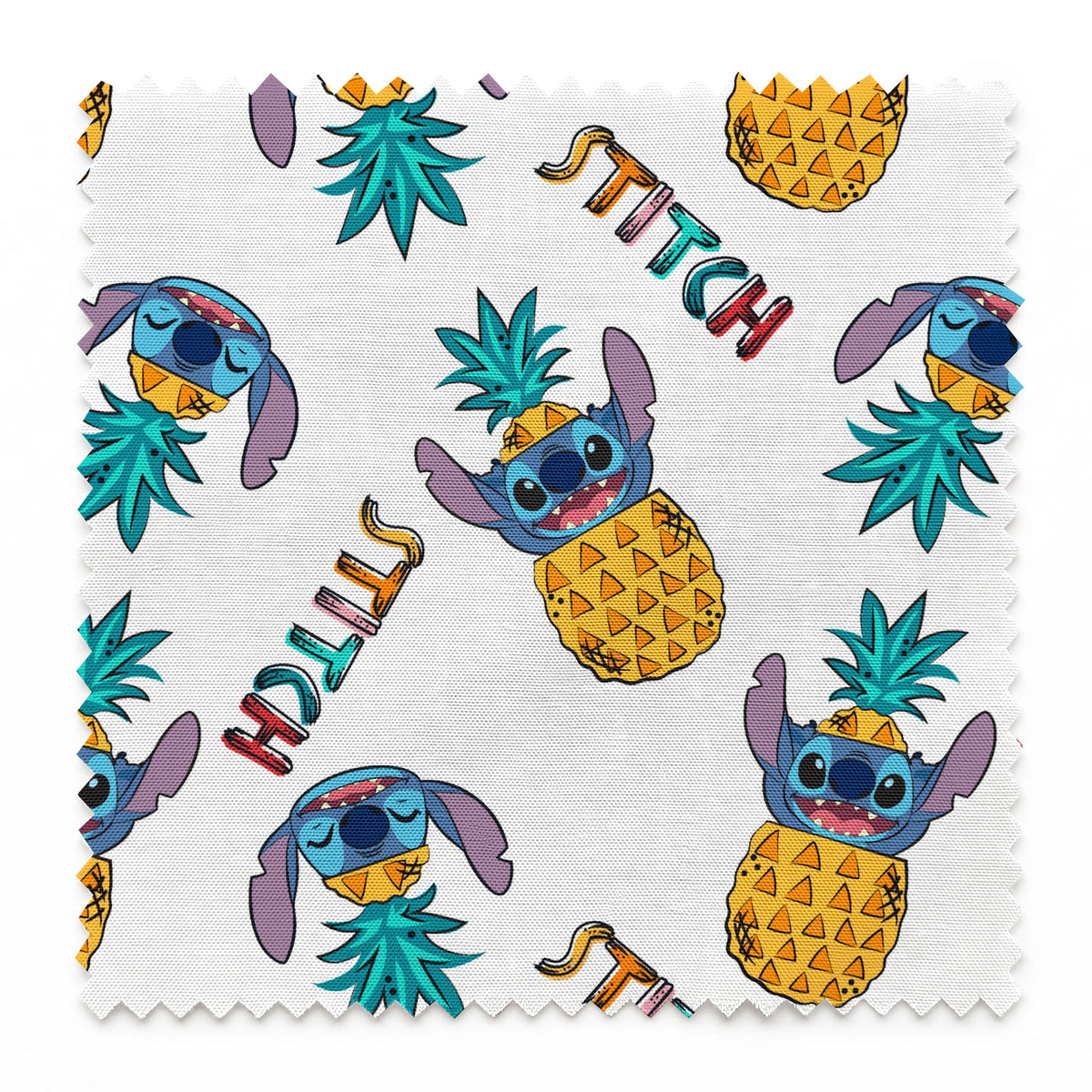 Colorful pattern of cartoon blue creatures with long ears inside pineapples, with "Stitch" text springs swatch pinked