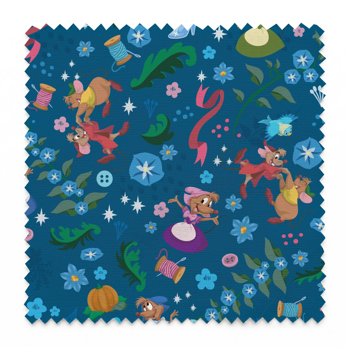 Colorful fairy tale pattern with mice, glass slippers, pumpkins, and floral elements on deep blue background springs swatch pinked