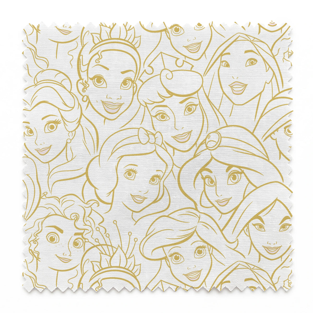 Golden line art of Disney princesses in an overlapping collage pattern with expressive facial features. springs swatch pinked