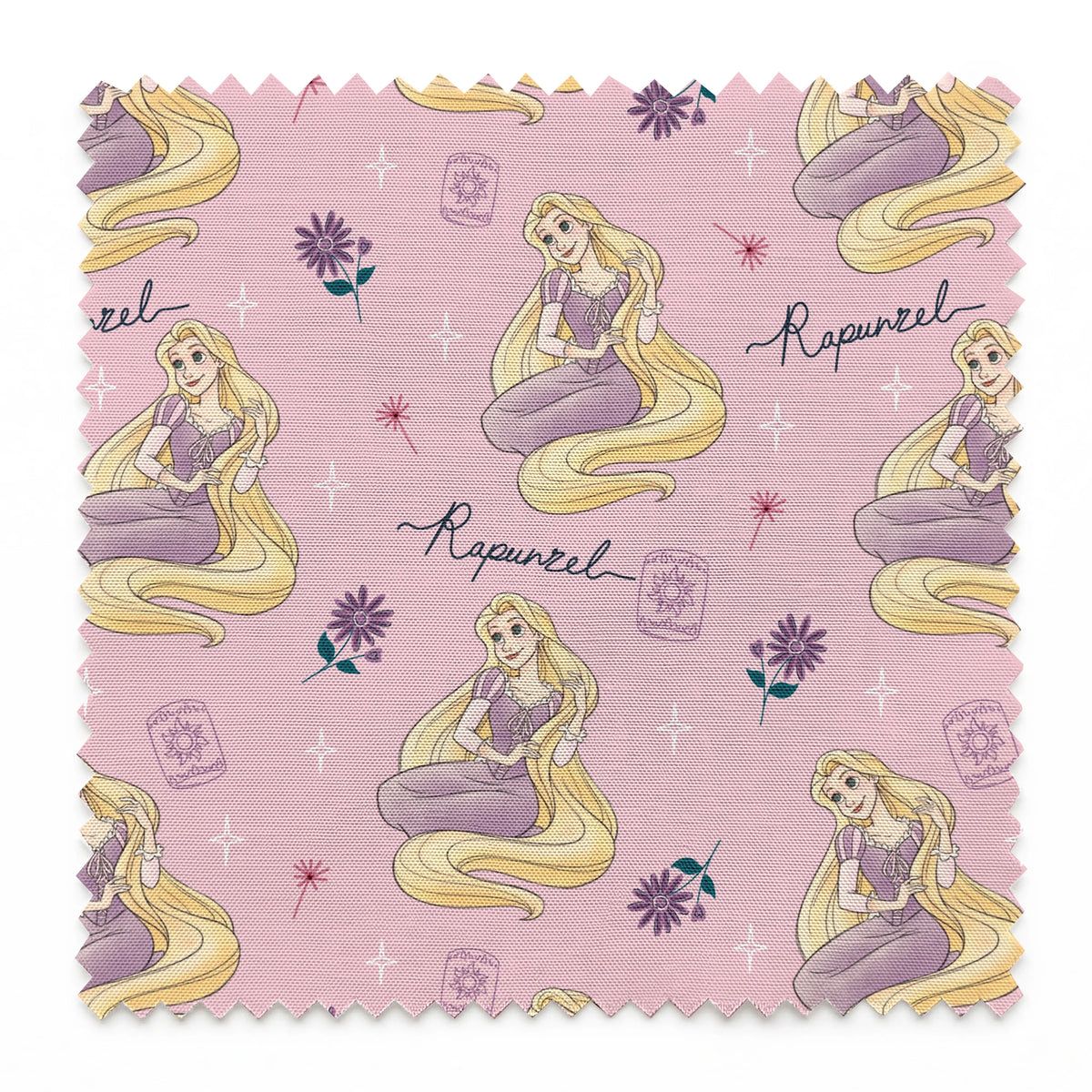 Repeating pattern of blonde character in purple dress with long flowing hair, flowers, and "Rapunzel" text on pink background springs swatch pinked