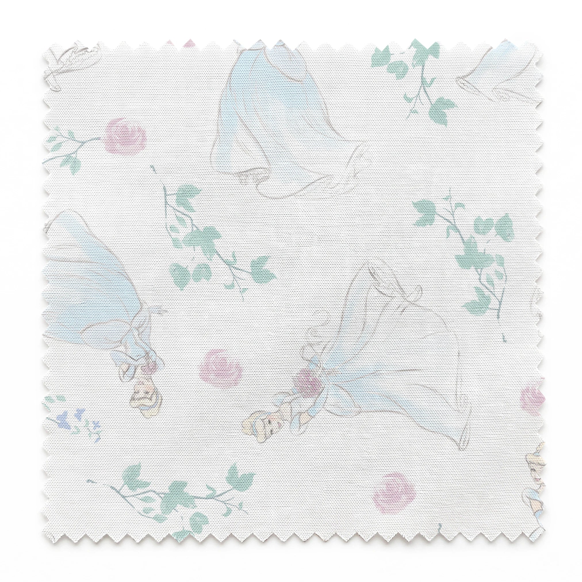 Delicate pattern of flowing blue dresses, pink roses, and mint green foliage on a light background springs swatch pinked