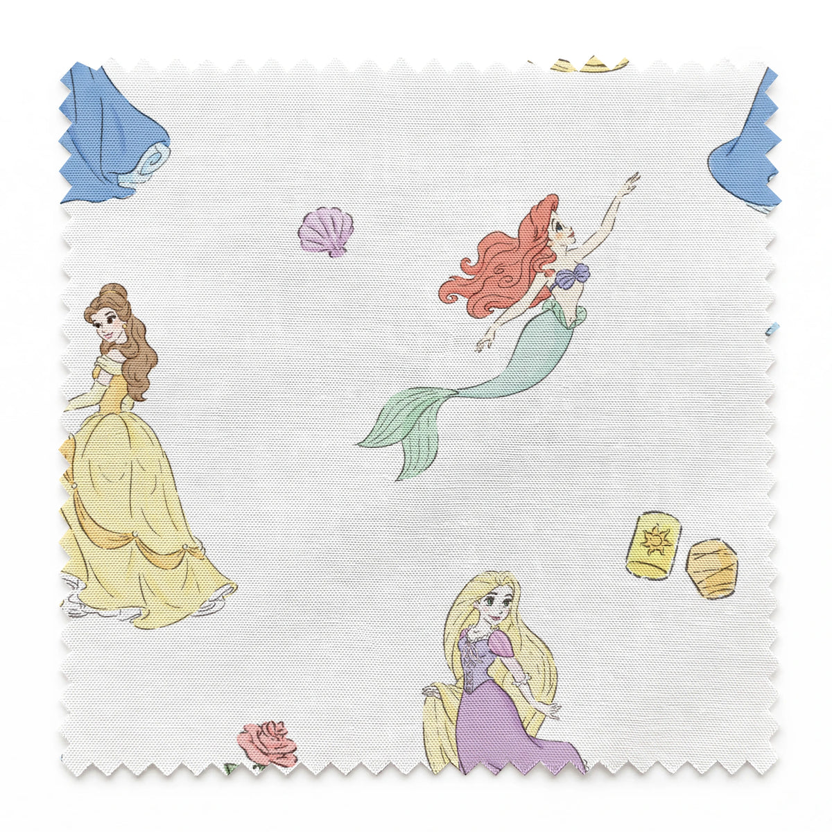 Disney princesses pattern with yellow gown, mermaid with tail, purple dress, roses and shells on light blue background. springs swatch pinked