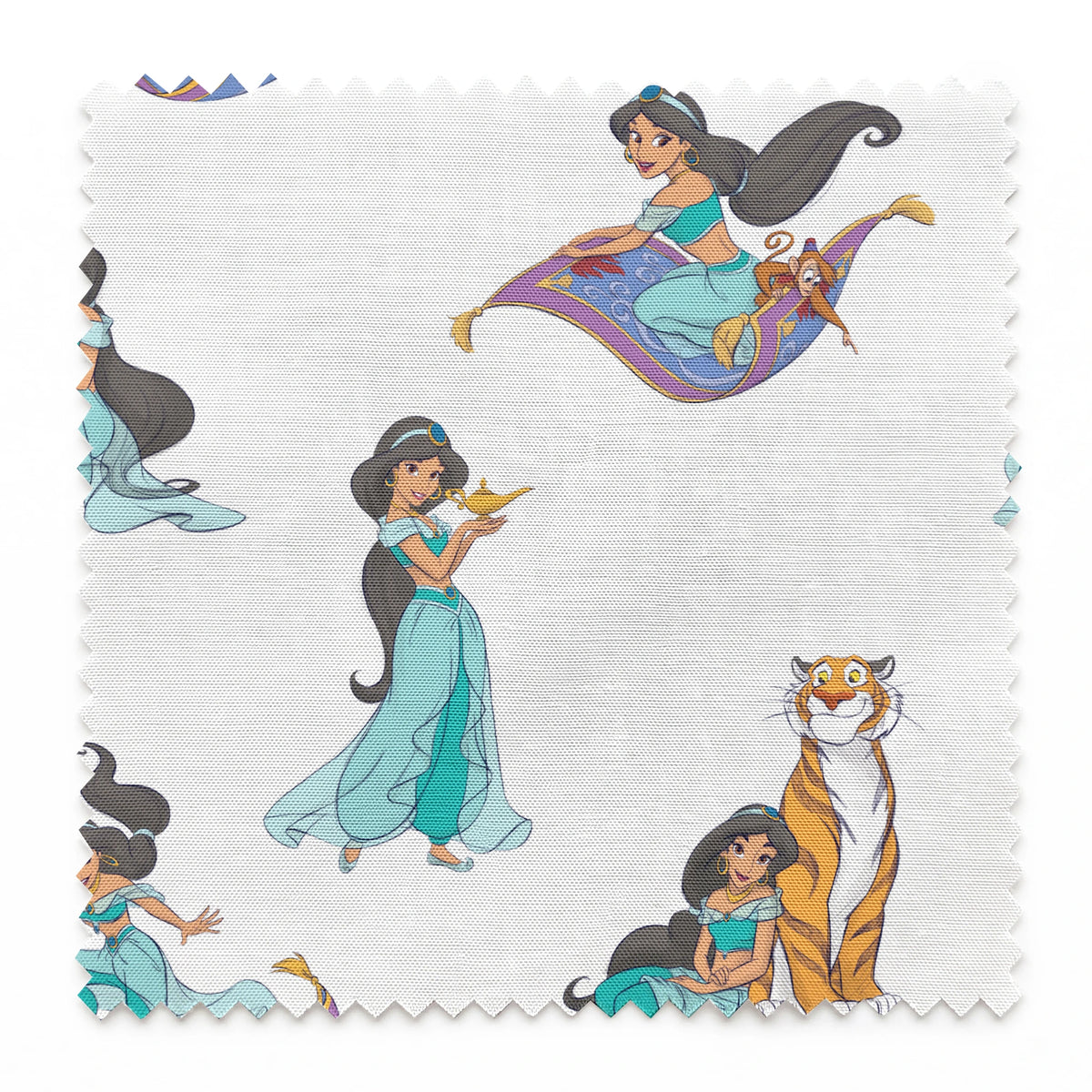 Cartoon pattern featuring a princess in teal outfit with long black hair in various poses with a magic carpet and tiger springs swatch pinked