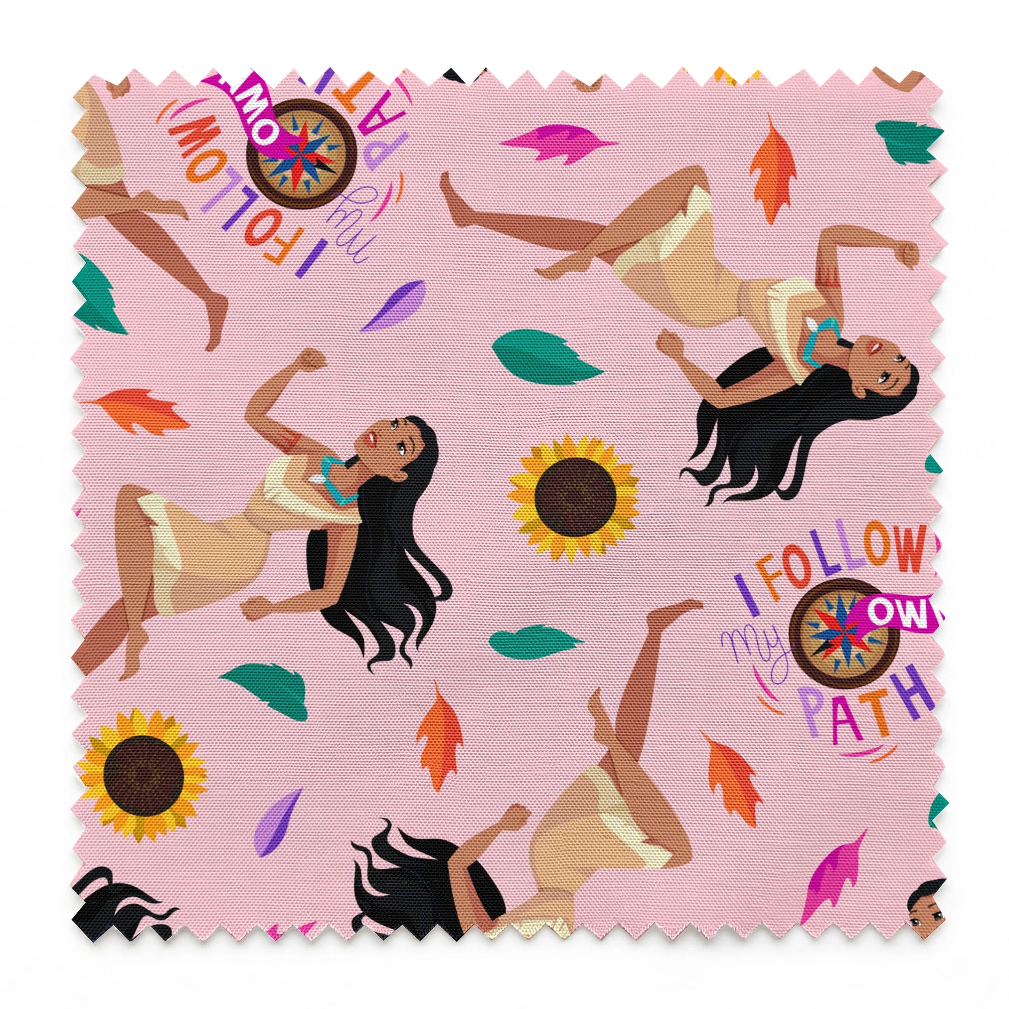 Colorful pattern with figures in relaxed poses, sunflowers, and text "Hi I Follow My Own Path" on pink background springs swatch pinked