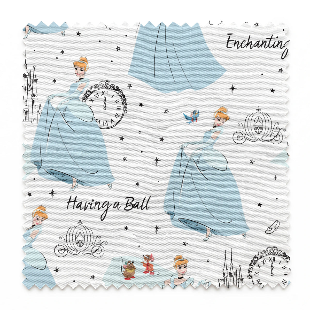 Whimsical pattern featuring cartoon princess in blue gown, clocks, castles, carriages and "Enchanting" text on white background springs swatch pinked