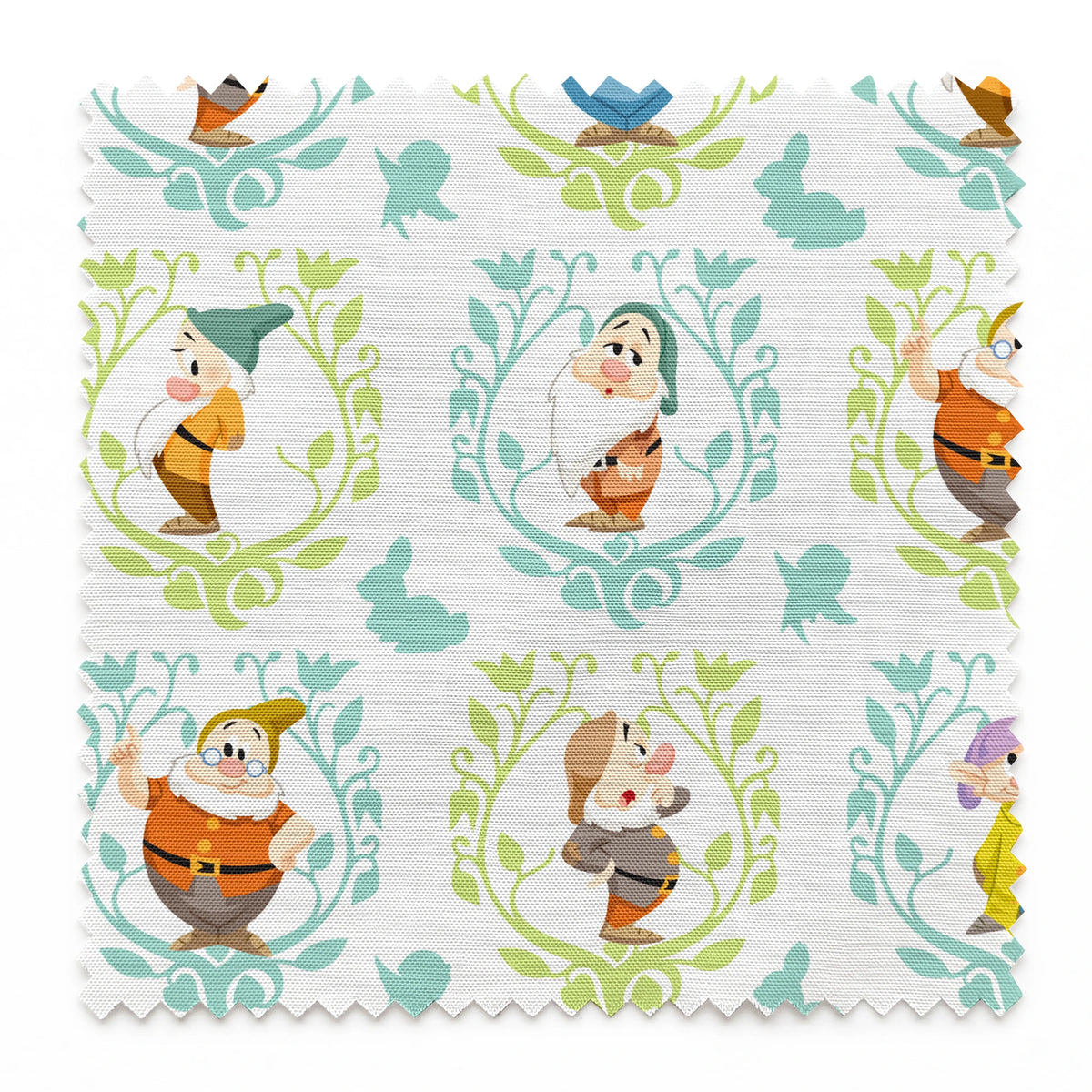 Cartoon pattern of Snow White's seven dwarfs in decorative floral frames on light background springs swatch pinked