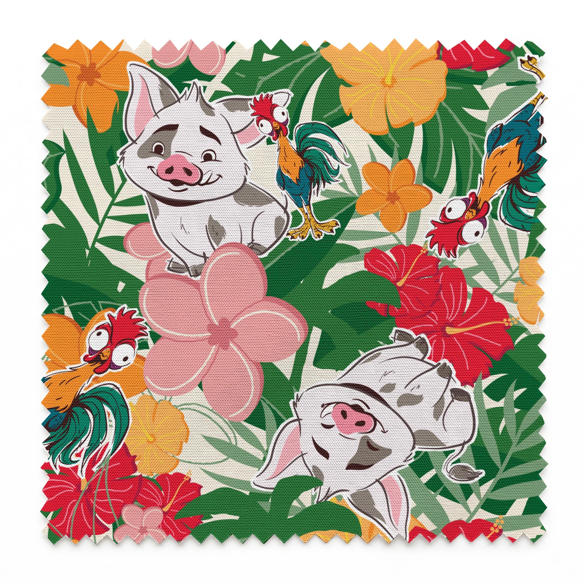 Cartoon pigs peeking through vibrant tropical flowers in red, orange, yellow, and pink among green foliage springs swatch pinked