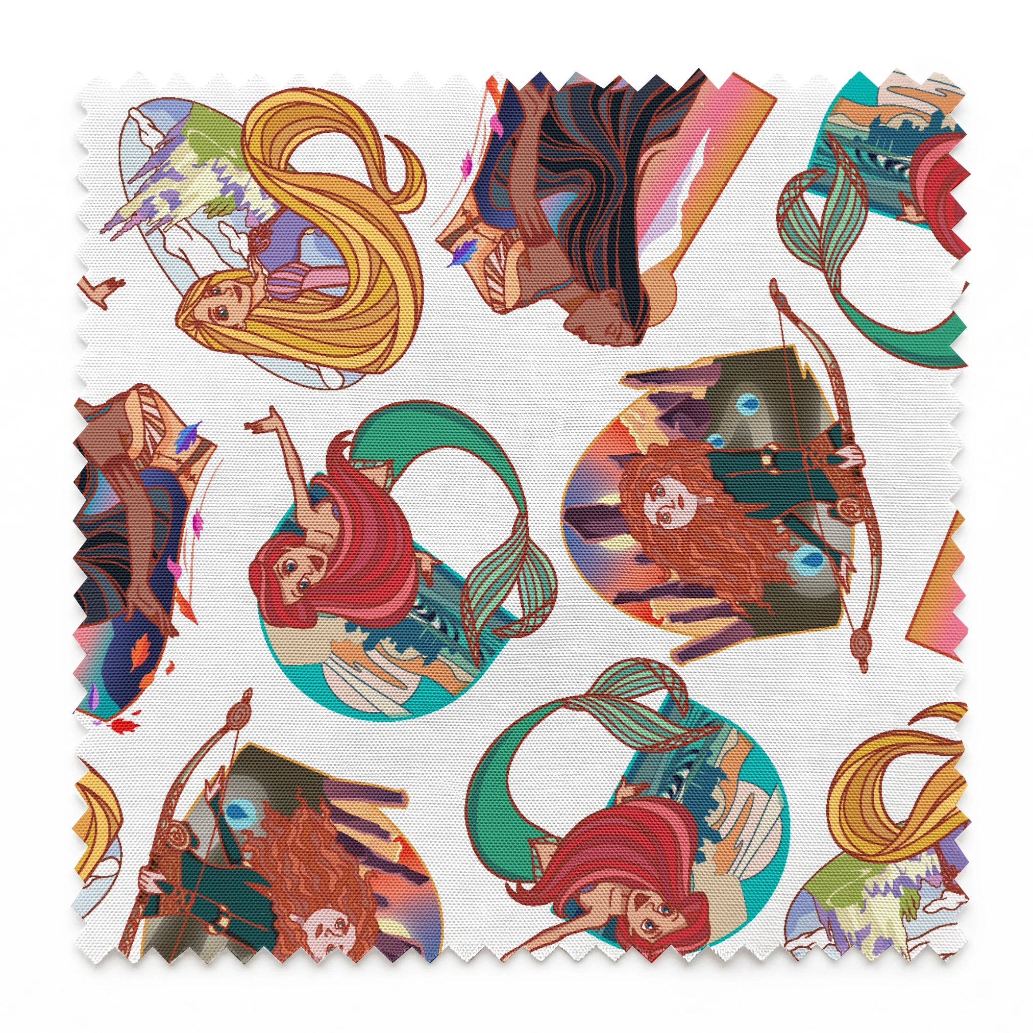 Colorful illustrated pattern of Disney princesses with curved decorative elements on white background springs swatch pinked