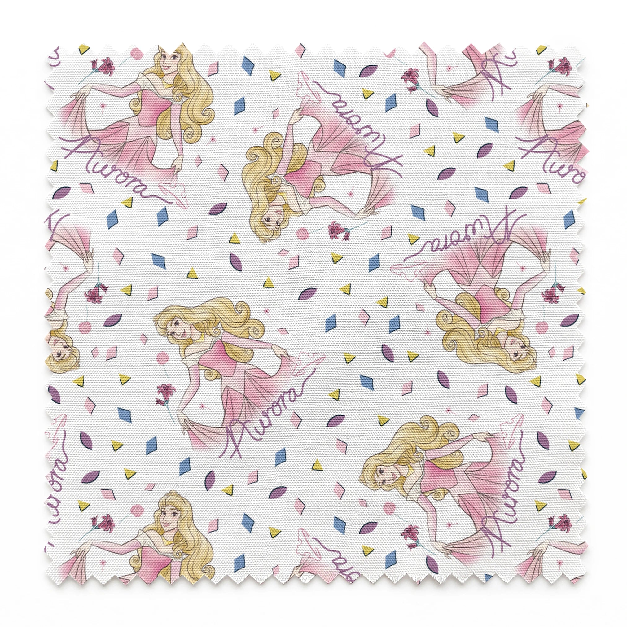 Pattern of Sleeping Beauty, surrounded by colorful diamond shapes on white background springs swatch pinked