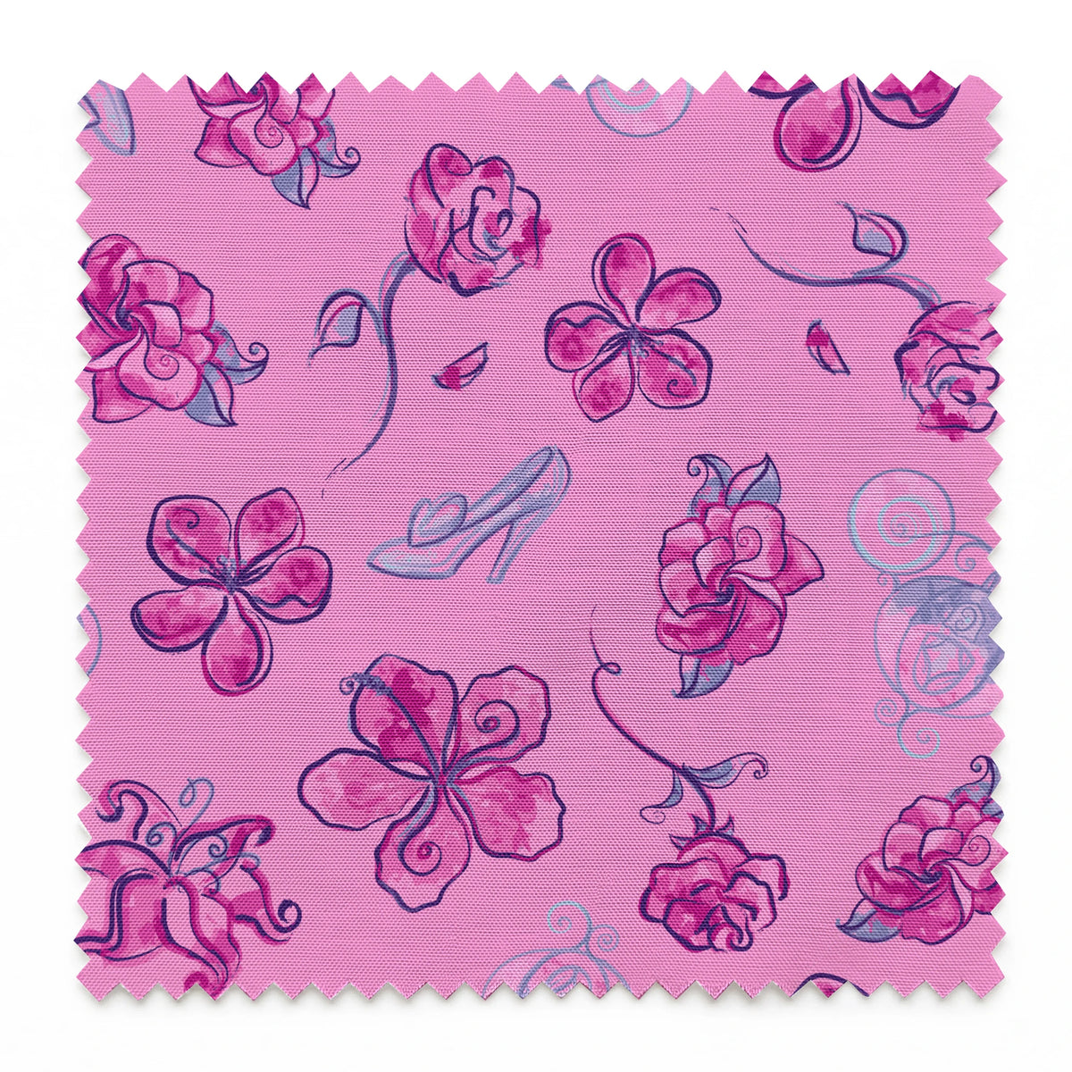 Whimsical Cinderella pattern of purple flowers, roses, and glass slipper outlines on pink background springs swatch pinked