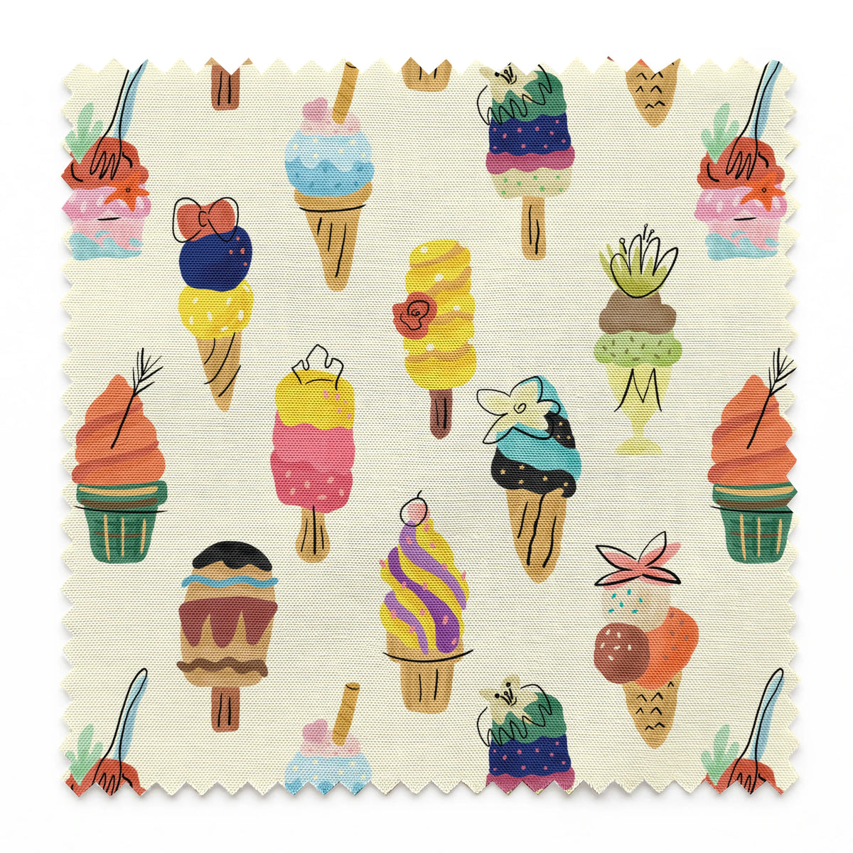 Colorful illustration of Disney Princess-inspired ice cream desserts including cones, popsicles, and sundaes with decorative toppings springs swatch pinked