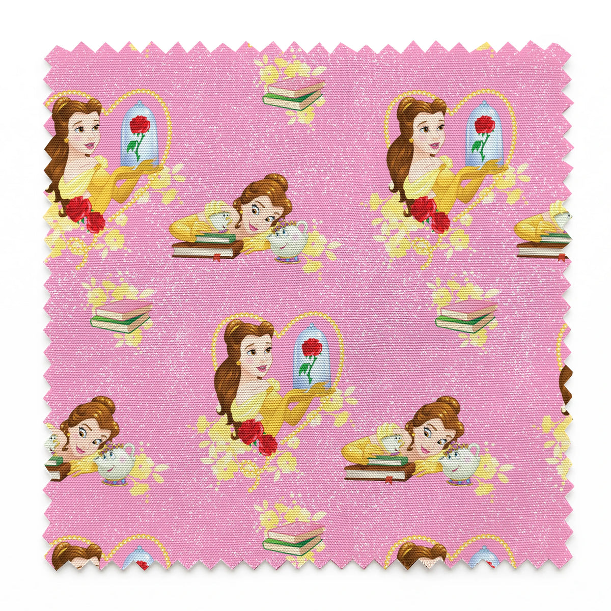 Repeating pattern of Disney's Belle character with enchanted rose and books on pink sparkly background springs swatch pinked