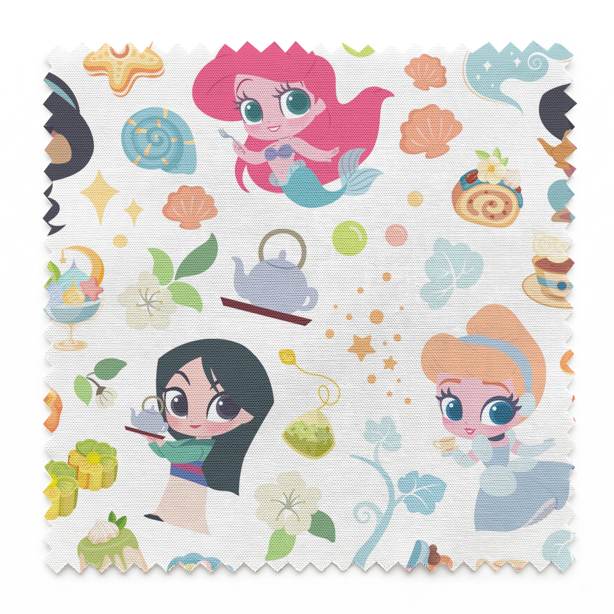 Disney Princess pattern with iconic characters, teapots, shells, sweets and gift boxes on white background springs swatch pinked