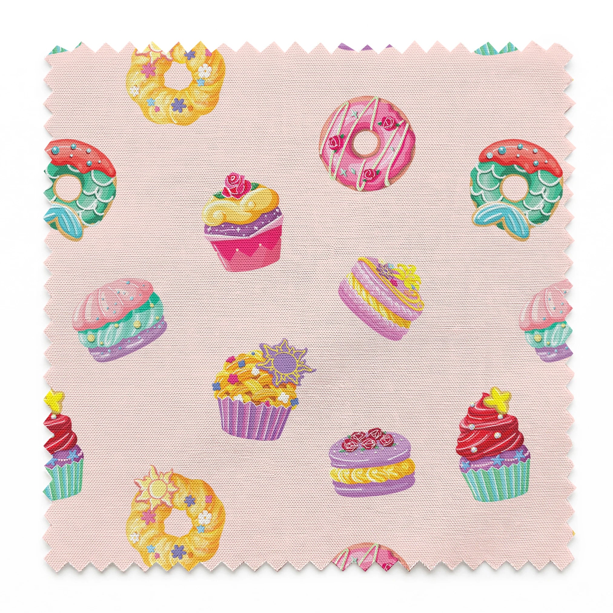 DIsney Princess-inspired dessert pattern with donuts, cupcakes, and macarons on a light pink background springs swatch pinked