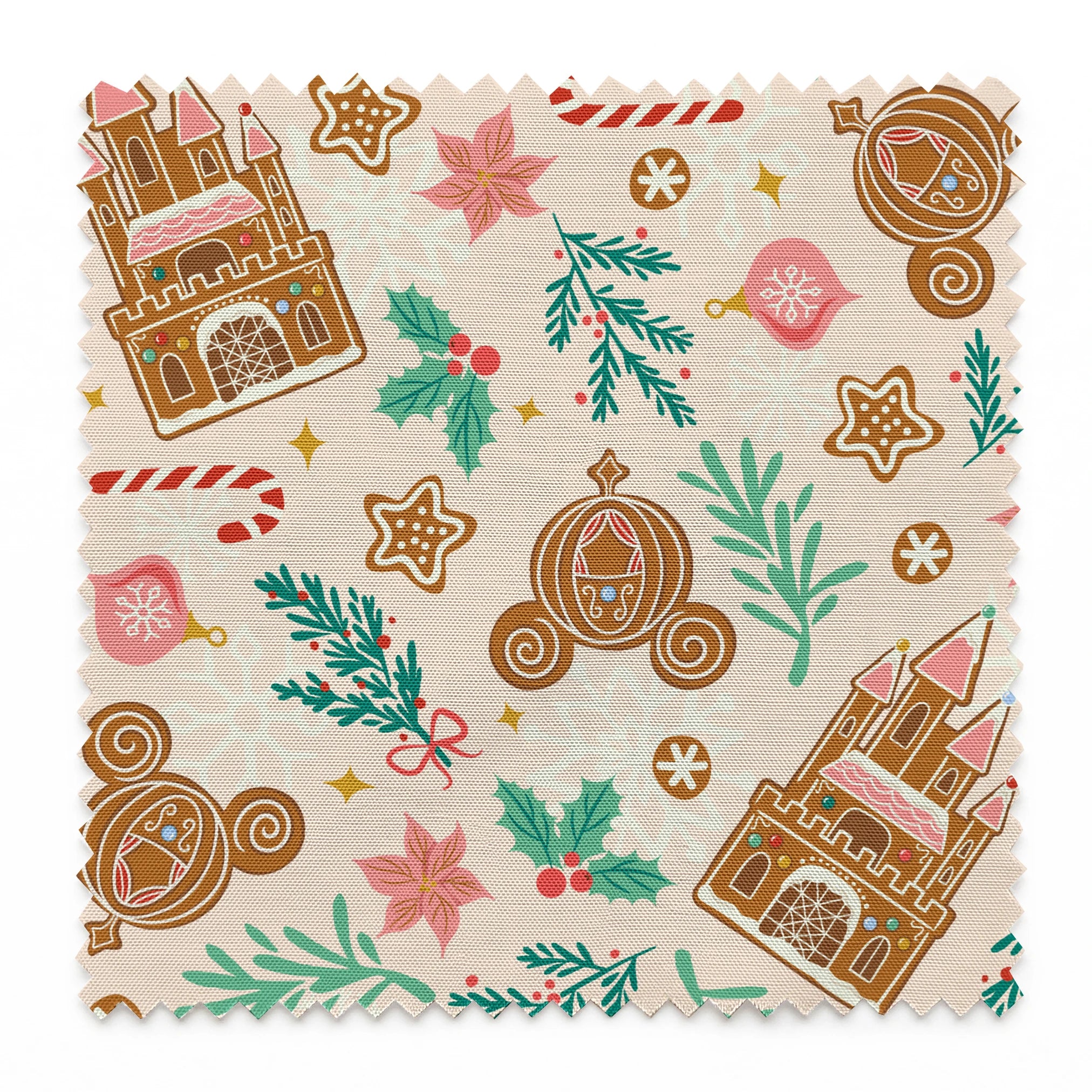 Disney Christmas pattern with gingerbread castles, carriages, candy canes, stars, and pine sprigs in holiday colors springs swatch pinked