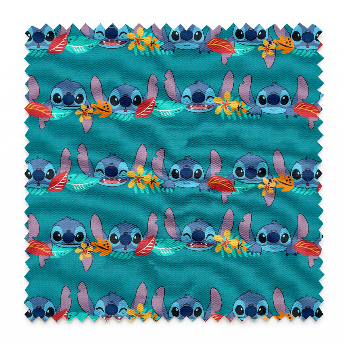 Repeating stripe design with Disney’s Stitch peeking between rows of tropical hibiscus flowers and colorful leaves on a teal background. springs swatch pinked