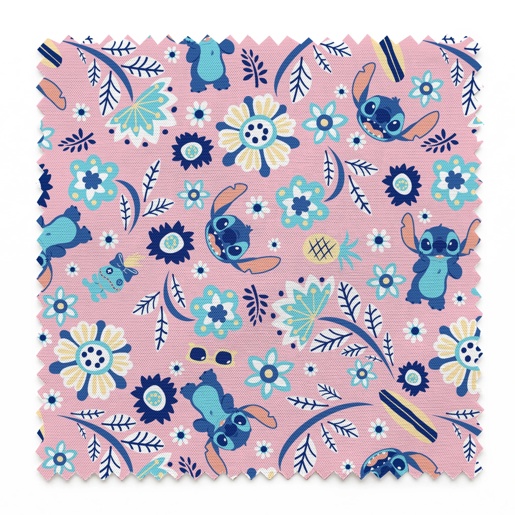 Floral pattern with Disney's Stitch, white daisies, and mint green accents on pink background springs swatch pinked