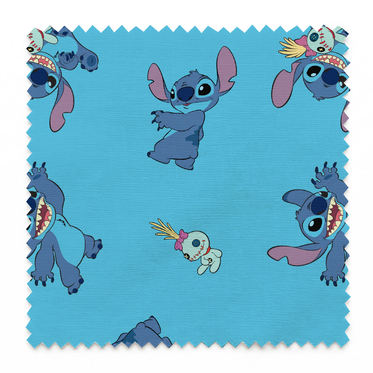 Disney’s Stitch and Scrump in various playful poses scattered across a light blue background with small tropical flowers. springs swatch pinked