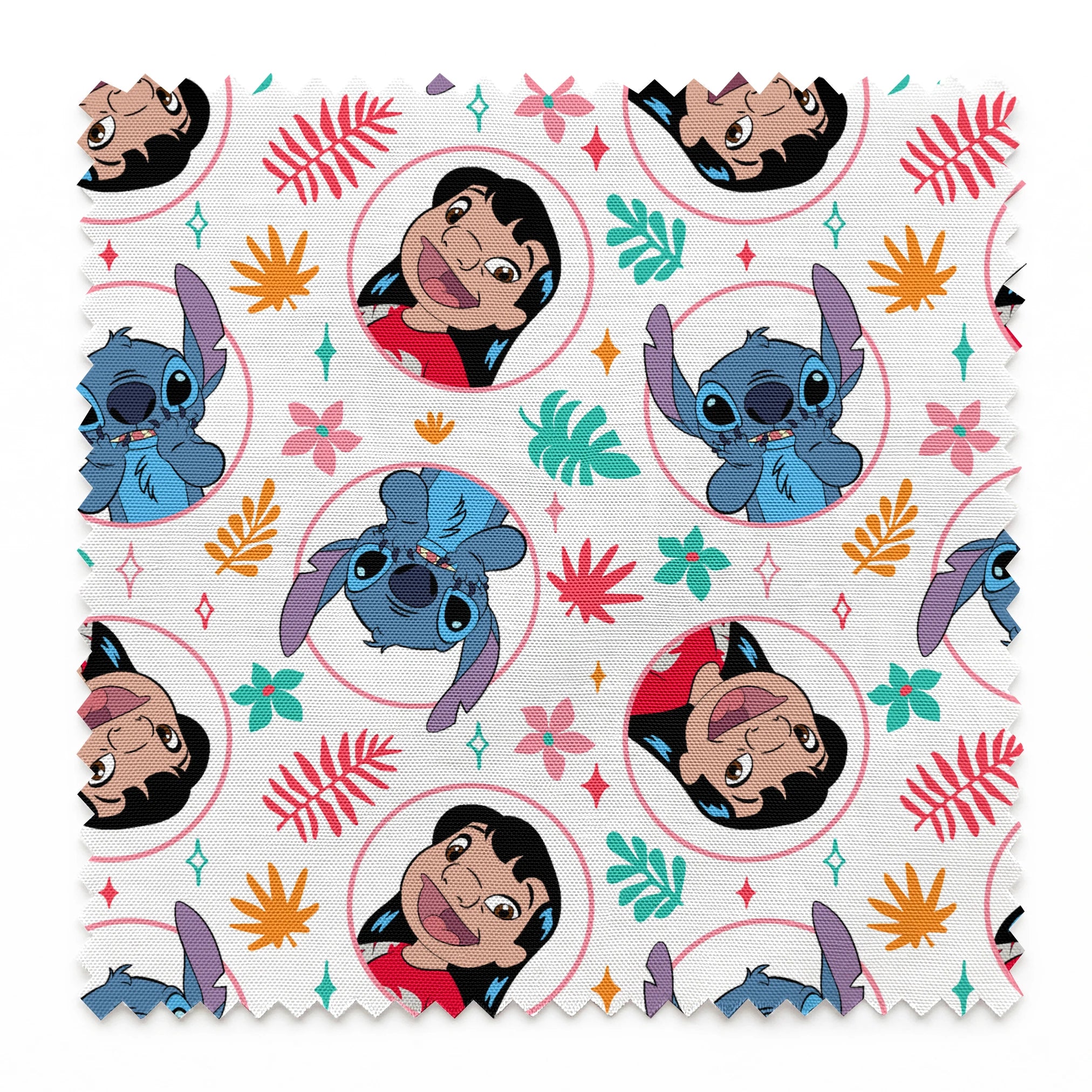 Colorful cartoon pattern with Lilo and Stitch in circles, surrounded by tropical leaves and stars springs swatch pinked