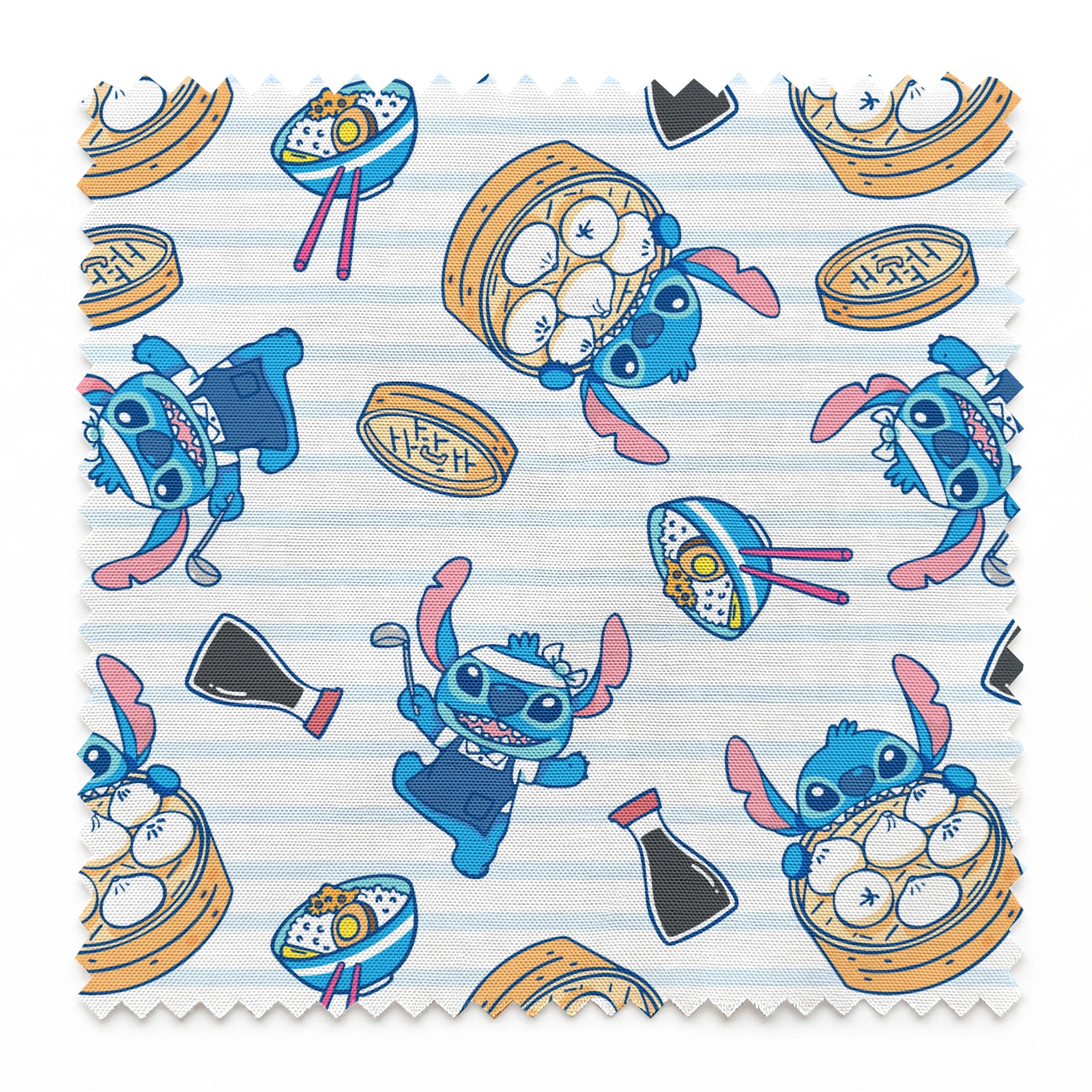 Cartoon Stitch with Chinese dim sum and dumplings on light blue striped background springs swatch pinked