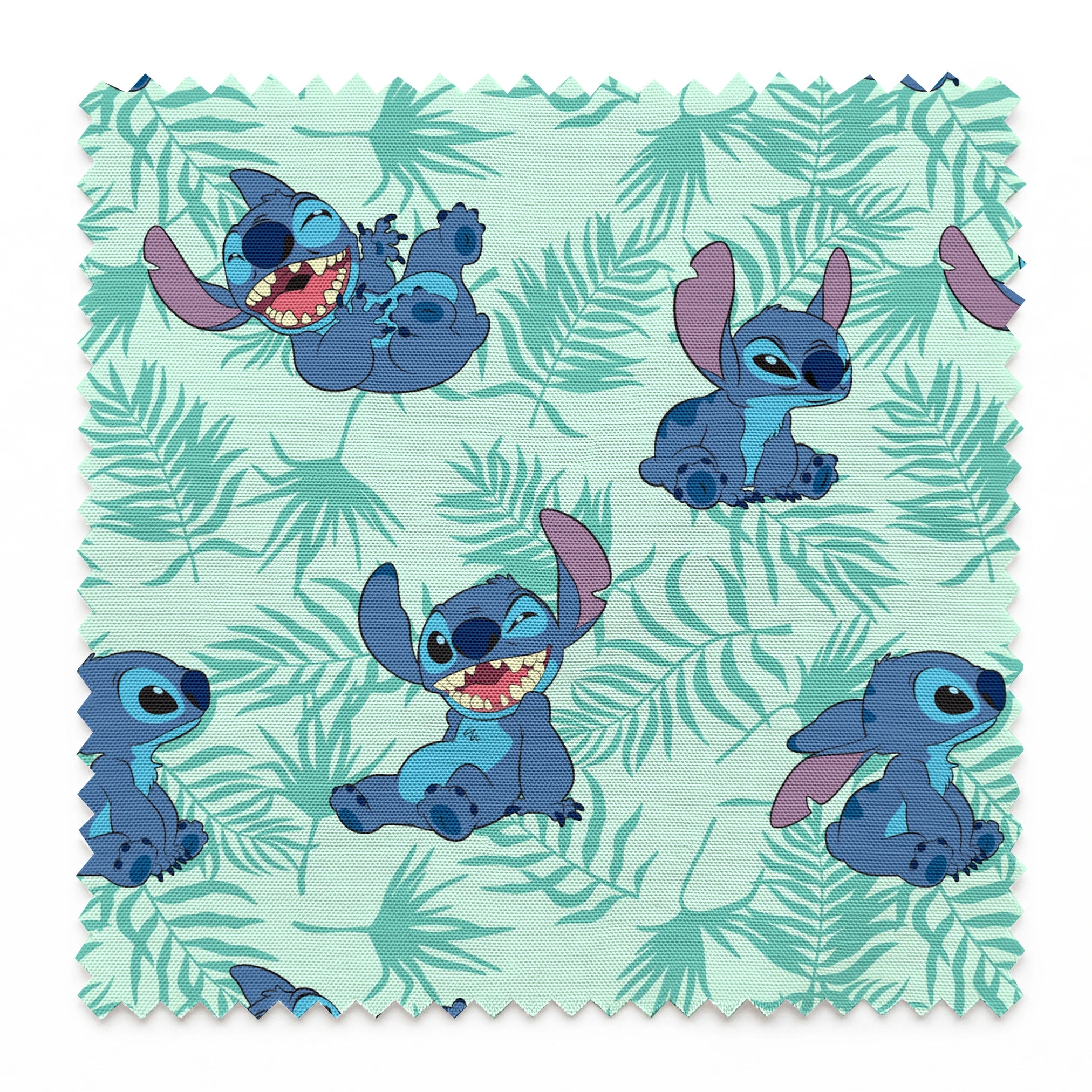 Blue cartoon alien character Stitch in various playful poses against mint green tropical leaf pattern background springs swatch pinked
