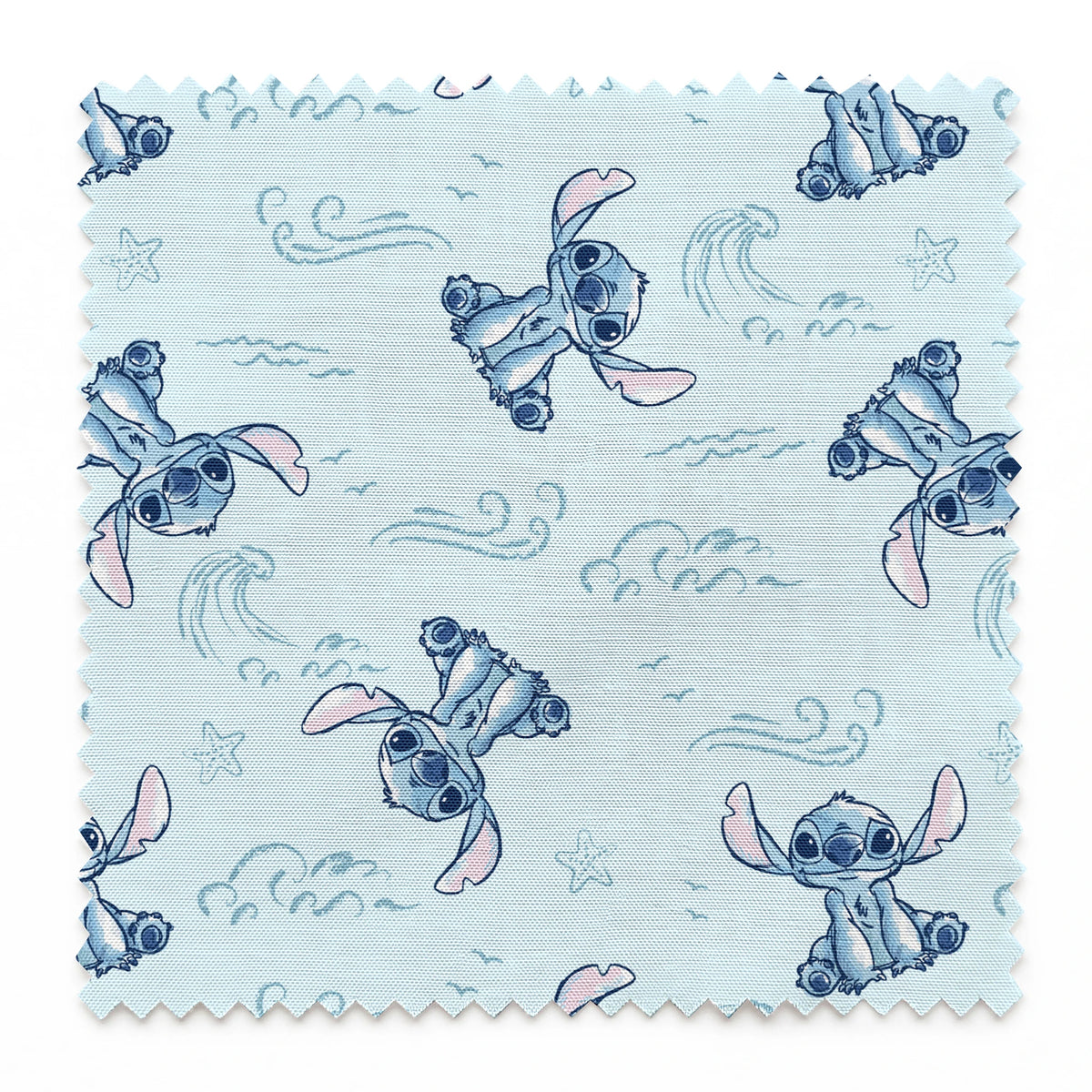 Blue cartoon alien characters with large ears in playful poses against light blue background with swirls and stars pattern springs swatch pinked