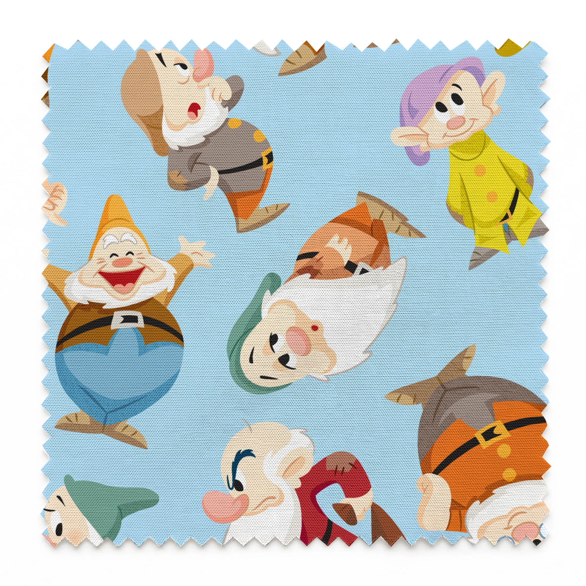 Pattern of cartoon dwarfs in colorful outfits on light blue background springs swatch pinked