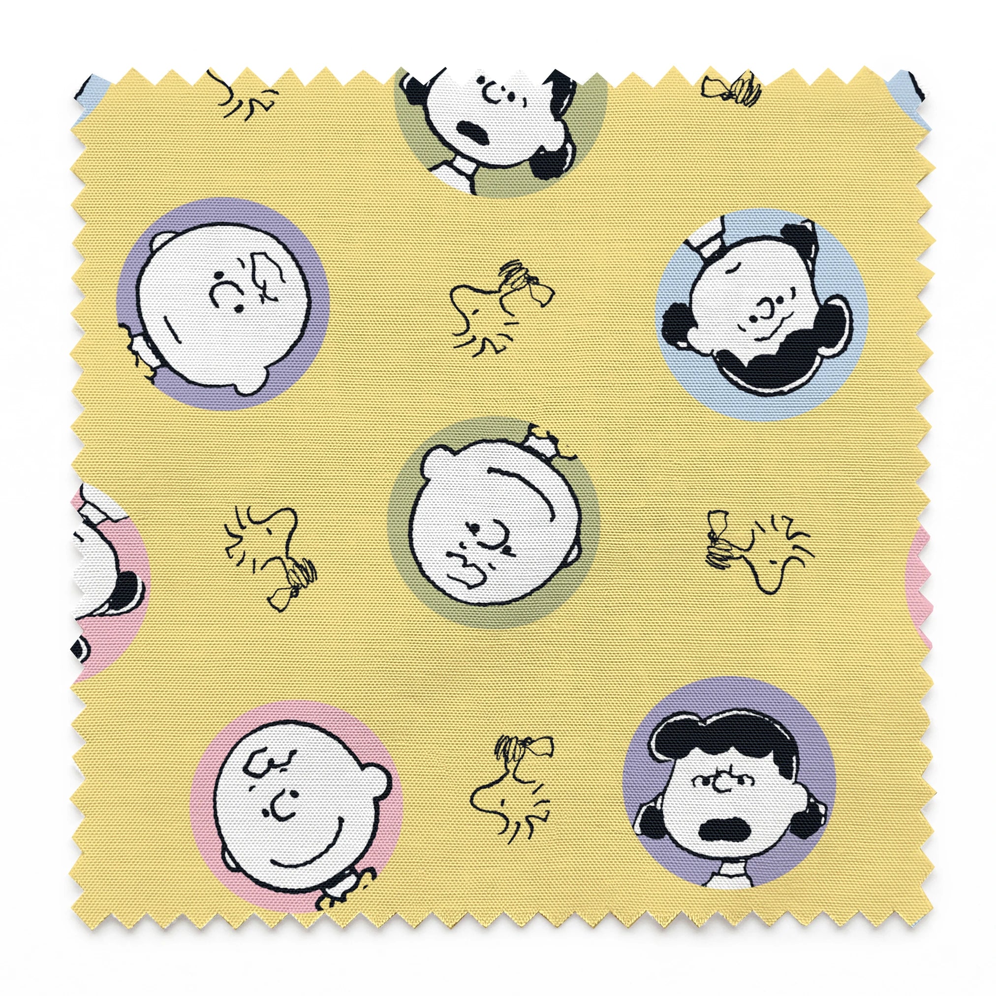 Peanuts characters pattern with Charlie Brown and friends in circular frames on yellow background with Woodstock silhouettes springs swatch pinked