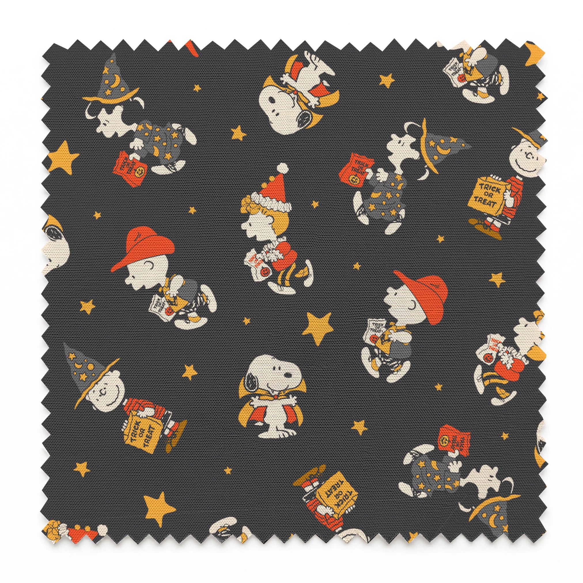 Snoopy cartoon pattern on dark gray background with characters in Halloween costumes and golden stars springs swatch pinked