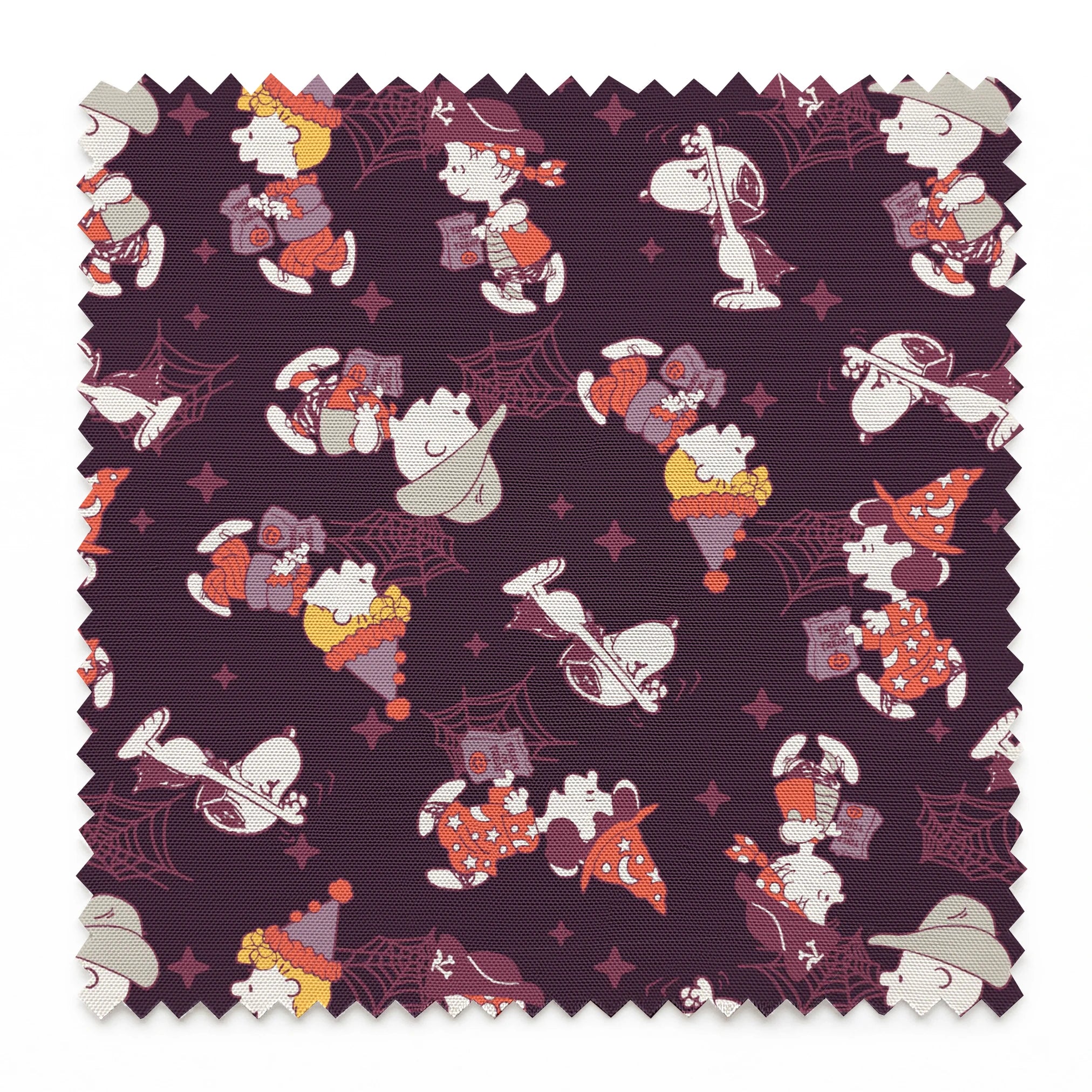 Snoopy and Peanuts characters in Halloween costumes scattered on dark purple background springs swatch pinked