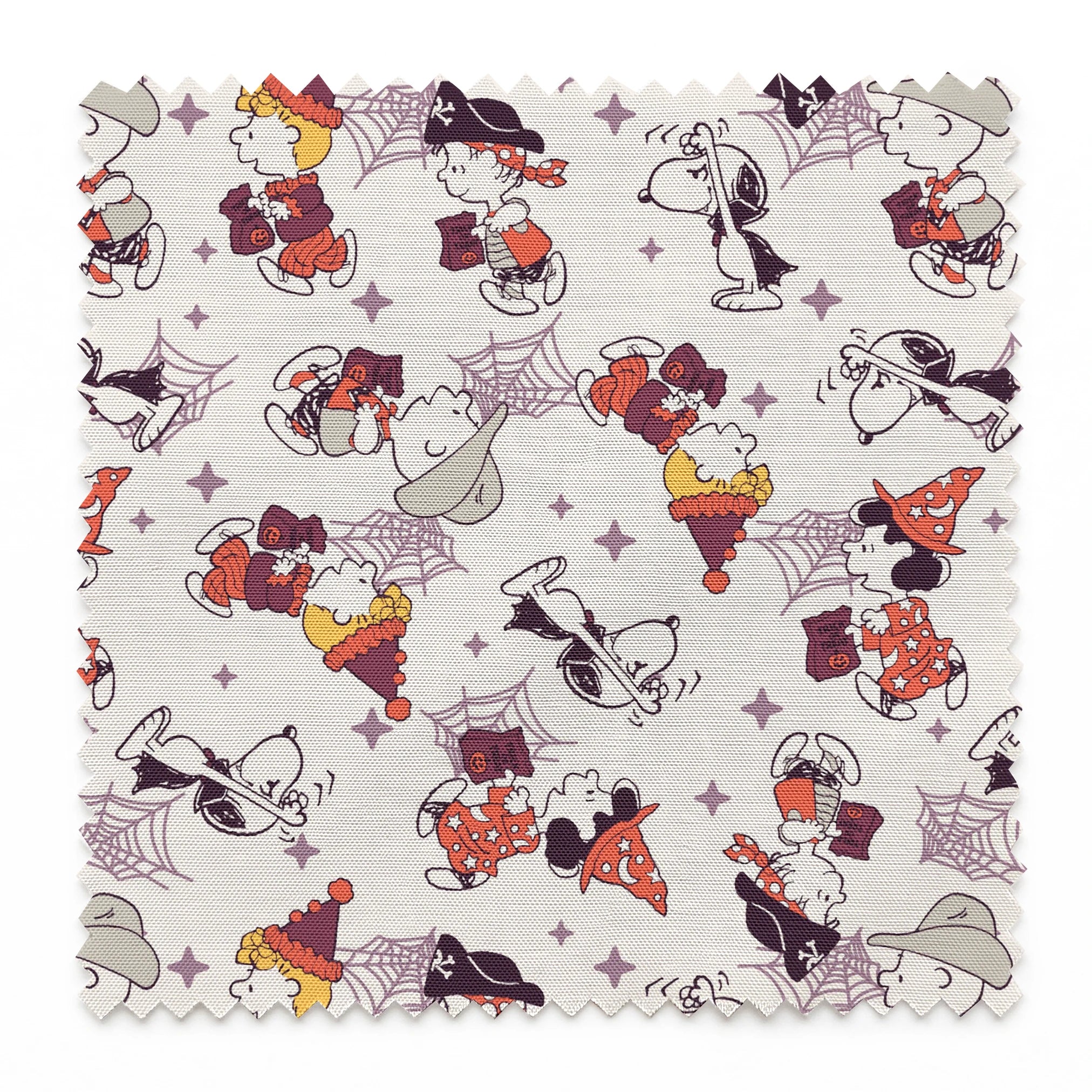 Peanuts characters in Halloween costumes including Snoopy, Charlie Brown, and friends on white background springs swatch pinked