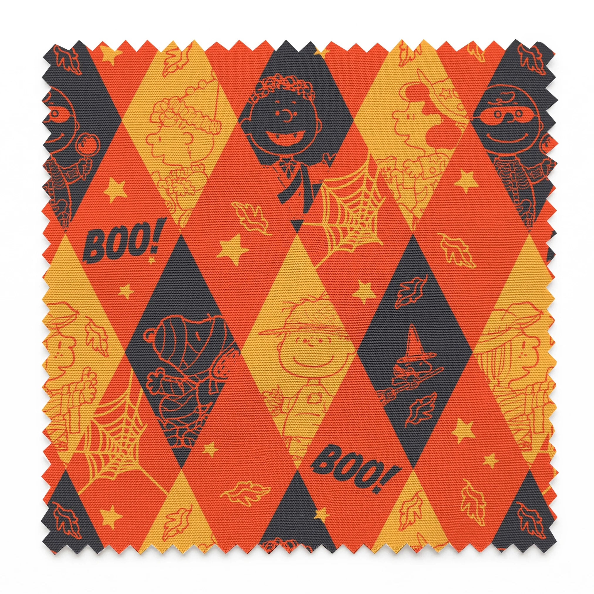 Peanuts Halloween pattern with diamond shapes in orange, yellow, and black featuring Peanuts characters in costumes, webs, "BOO!" text, and seasonal decorations springs swatch pinked
