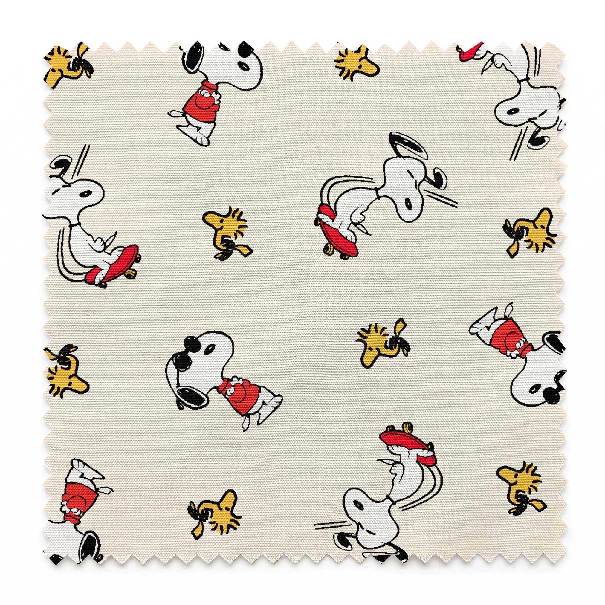Snoopy and Woodstock on cream background, arranged in pattern springs swatch pinked
