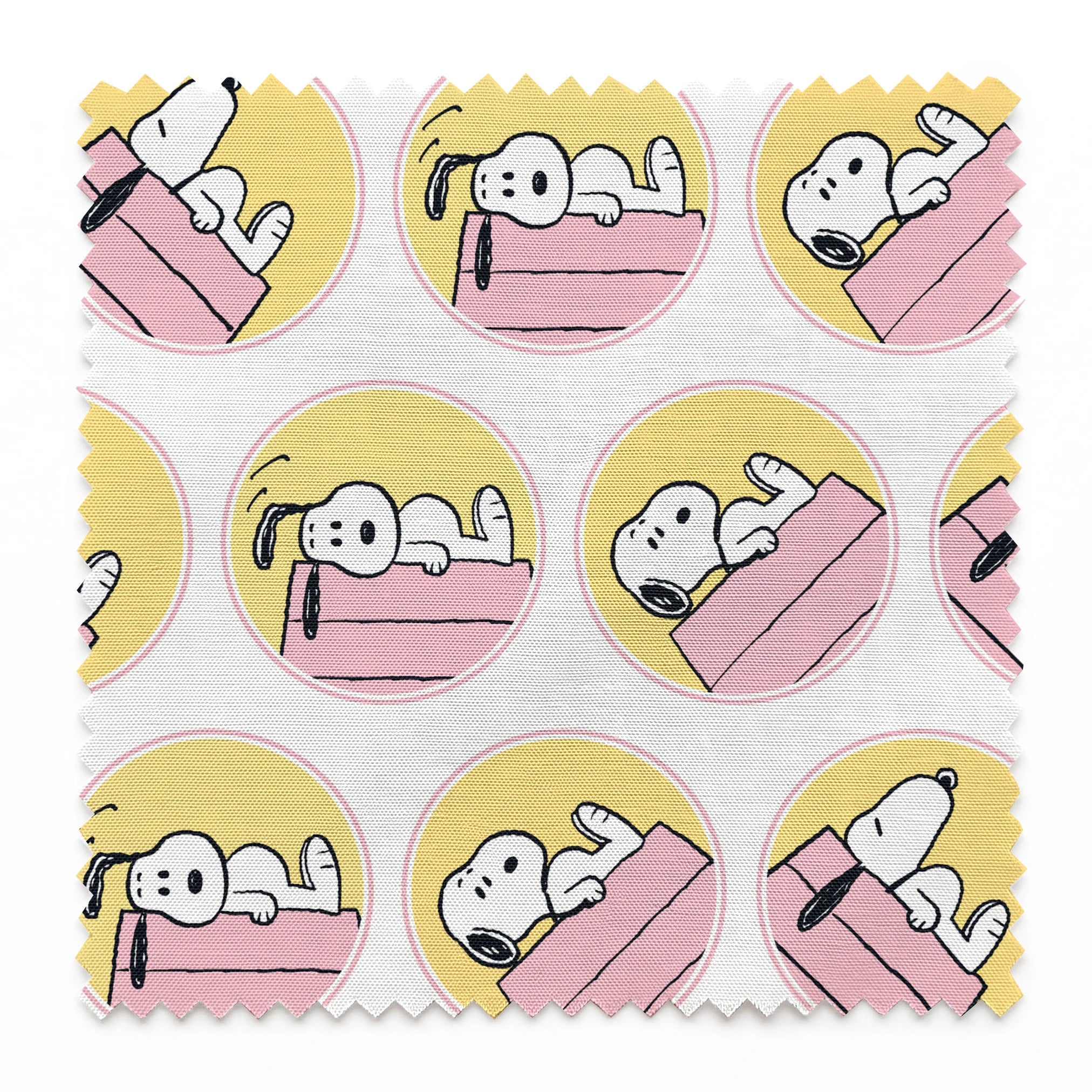 Snoopy lounging on pink doghouse roof in various poses, arranged in circular yellow frames springs swatch pinked