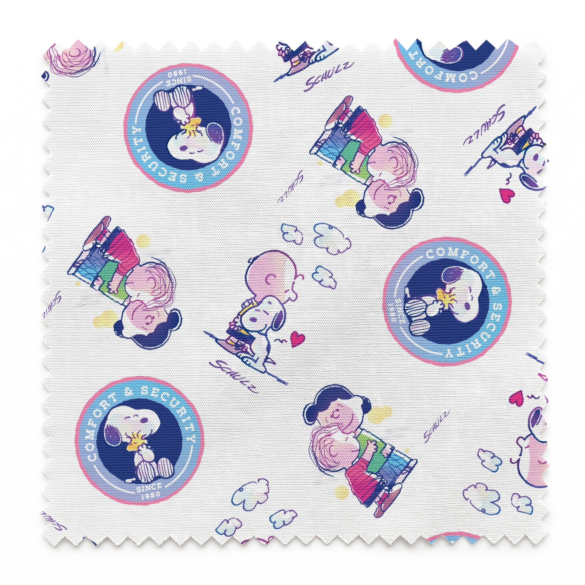 Peanuts cartoon pattern with Snoopy in blue circles and Charlie Brown with books on white background springs swatch pinked
