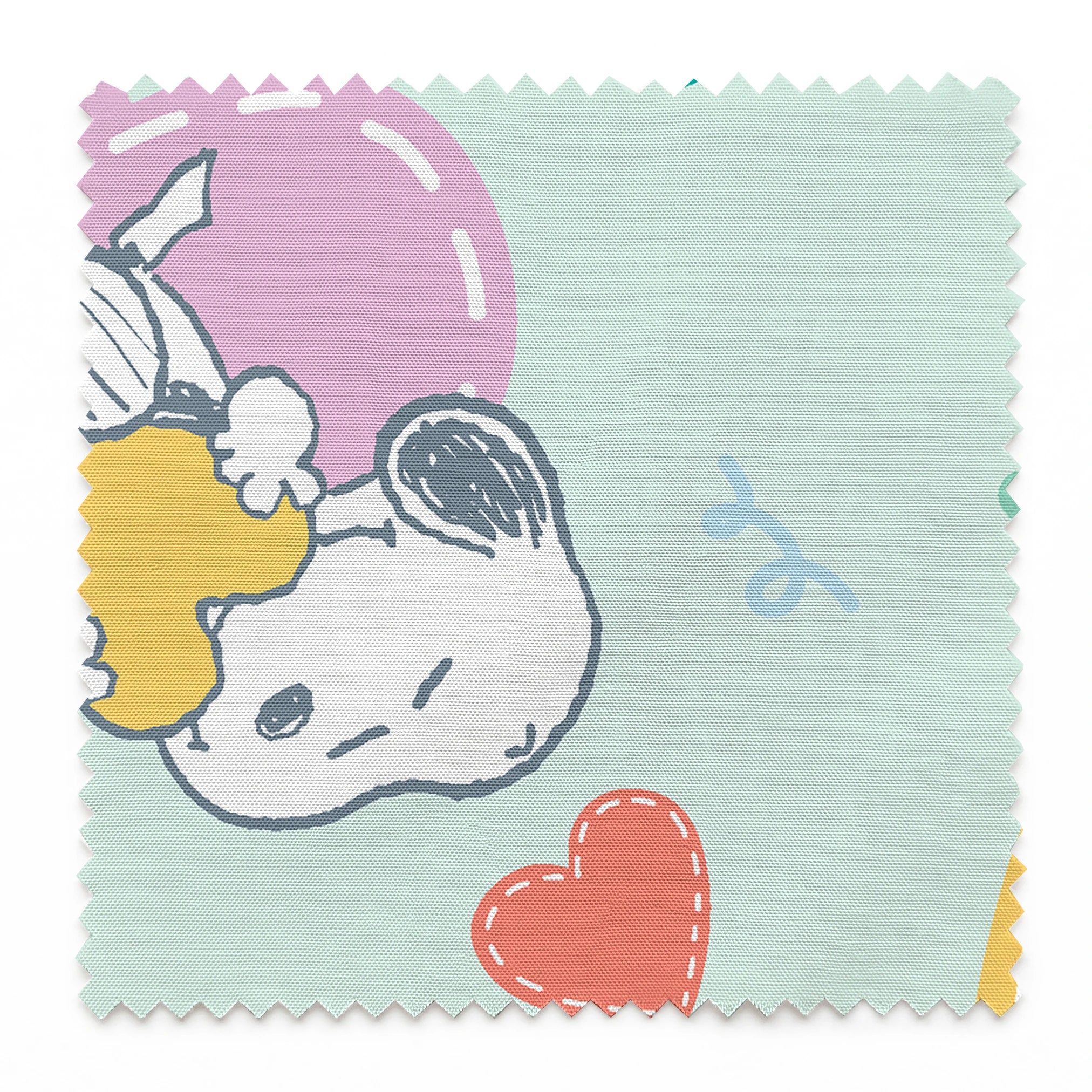 Cartoon Snoopy pattern with colorful hearts on mint green background, featuring different Snoopy poses springs swatch pinked
