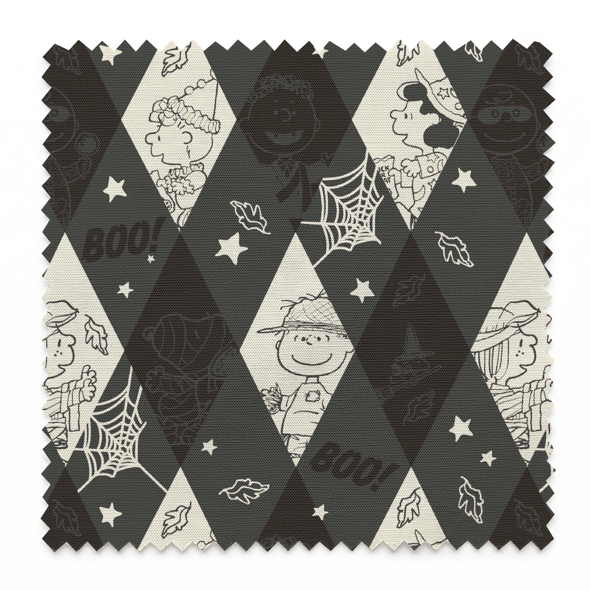 Diamond pattern with Peanuts characters and Halloween motifs in black and cream, featuring spider webs, stars, and "BOO!" text. springs swatch pinked