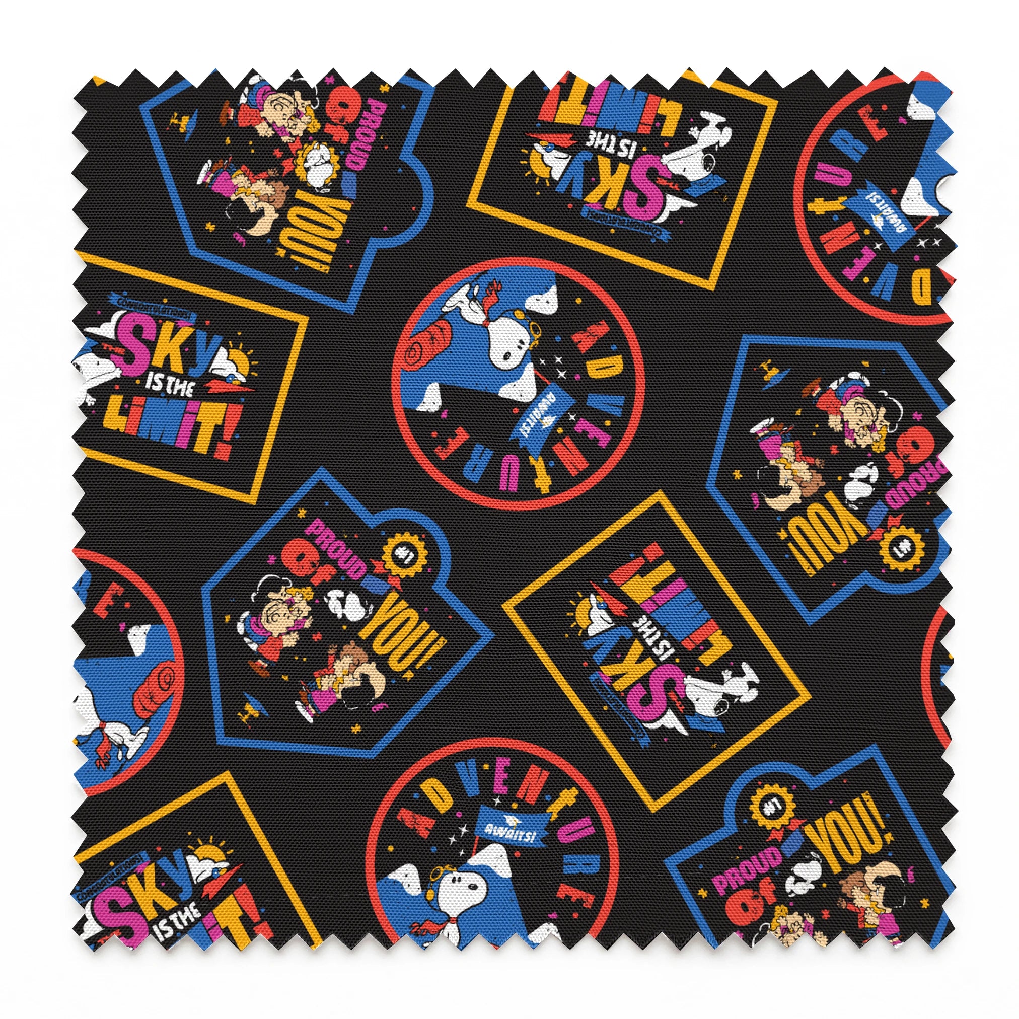 Colorful Peanuts character patches in various shapes on black background, featuring animated figures in vibrant colors springs swatch pinked