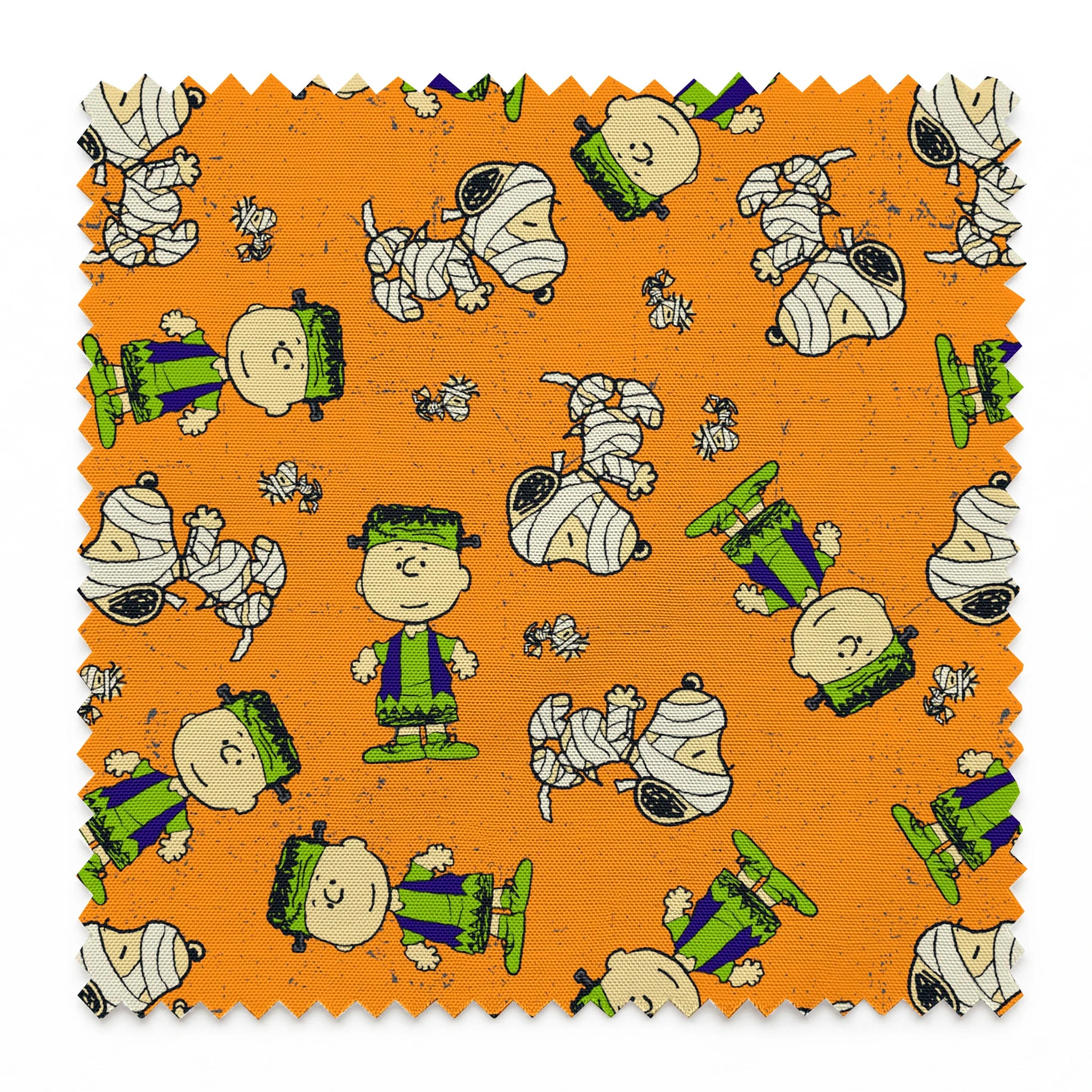 Peanuts characters pattern on orange background with Charlie Brown, Snoopy, and friends scattered throughout springs swatch pinked