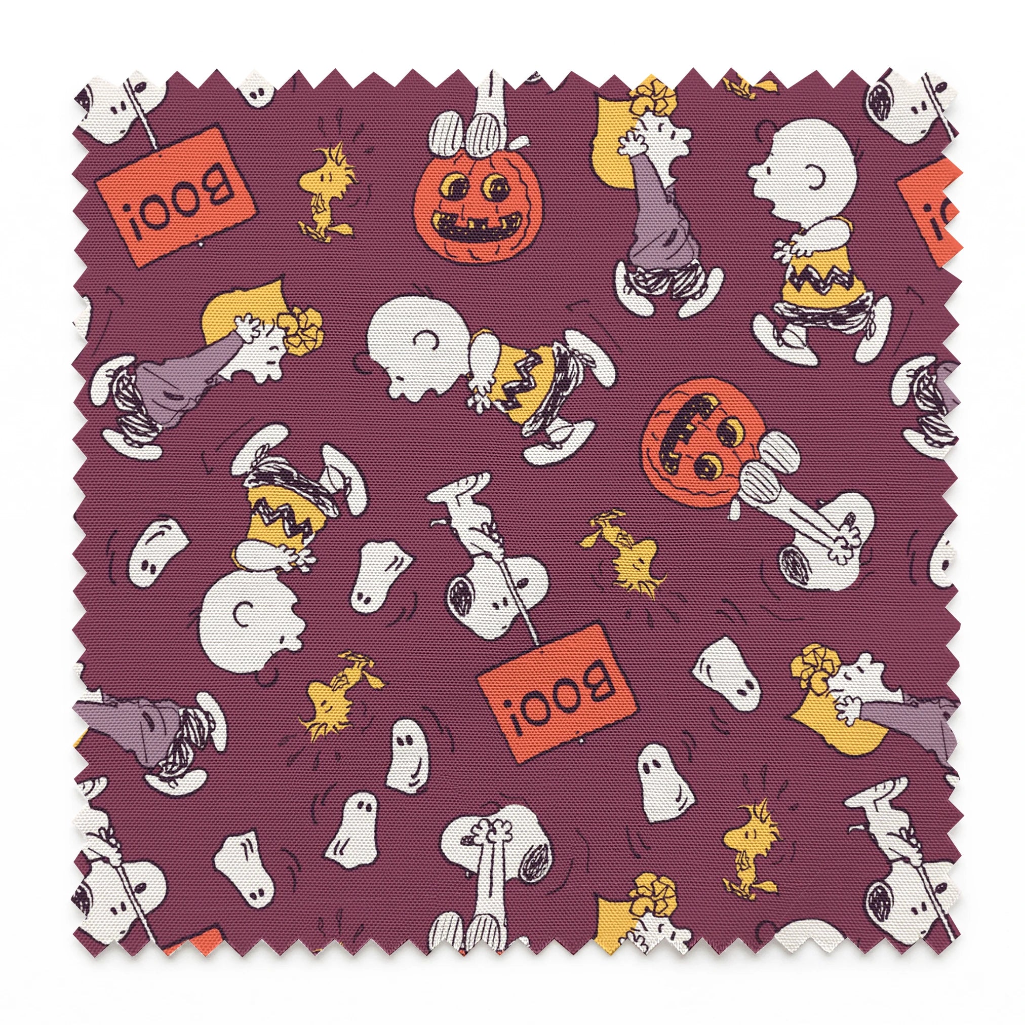 Snoopy and Woodstock Halloween pattern on purple background with pumpkins, ghosts, and "boo!" text springs swatch pinked